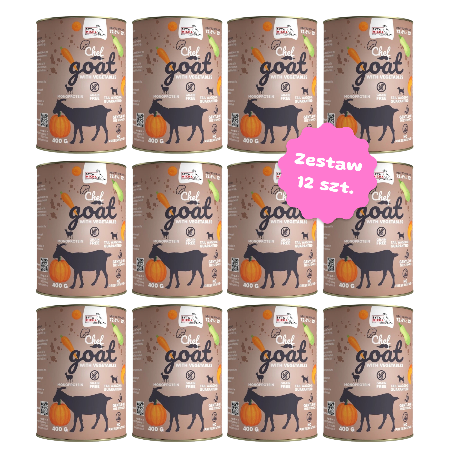 Zestaw 12 szt. puszek karmy mokrej monobiałkowej - Syta Micha CHEF Koza - 12 szt. puszka 400g