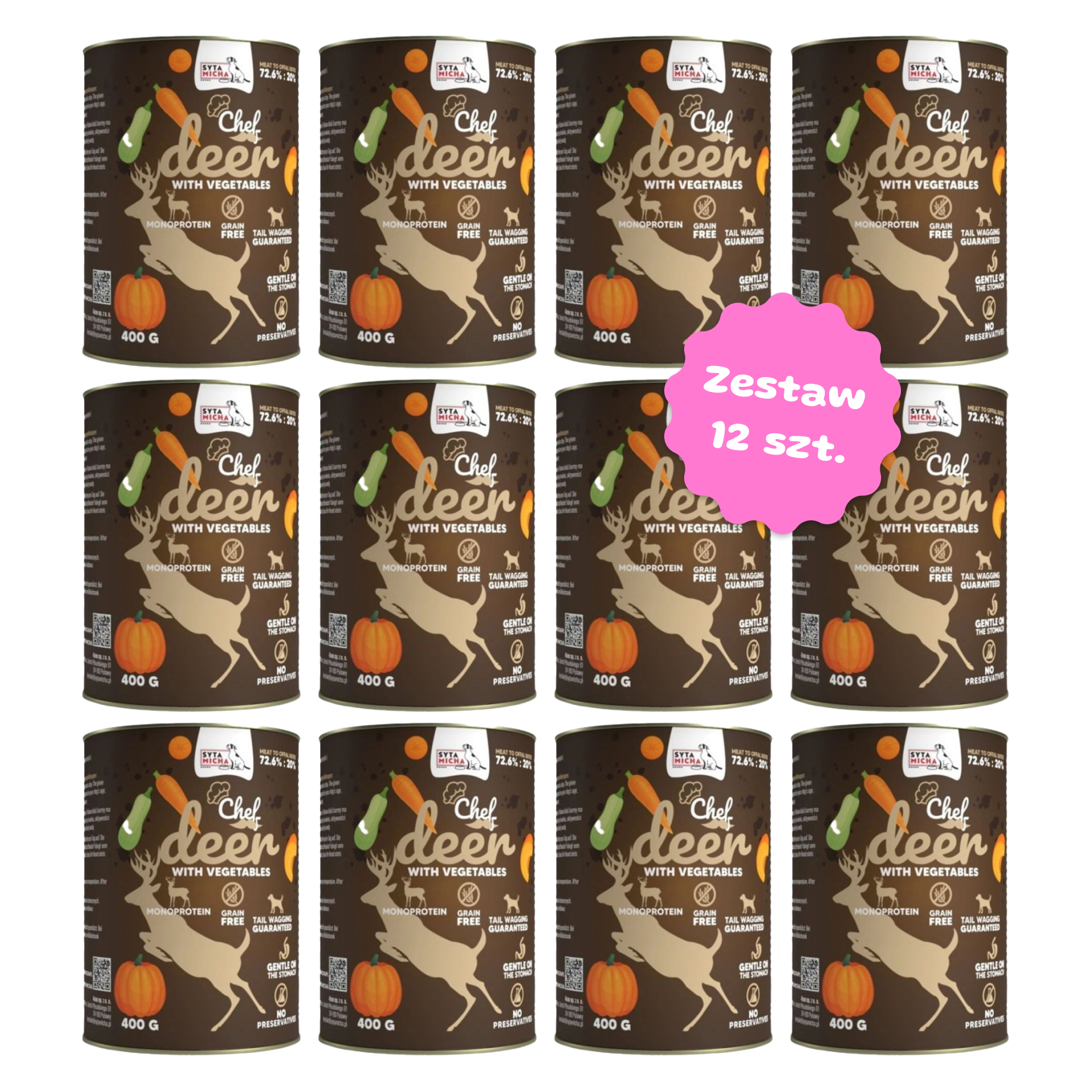 Zestaw 12 szt. puszek karmy mokrej monobiałkowej - Syta Micha CHEF Jeleń - 12 szt. puszka 400g