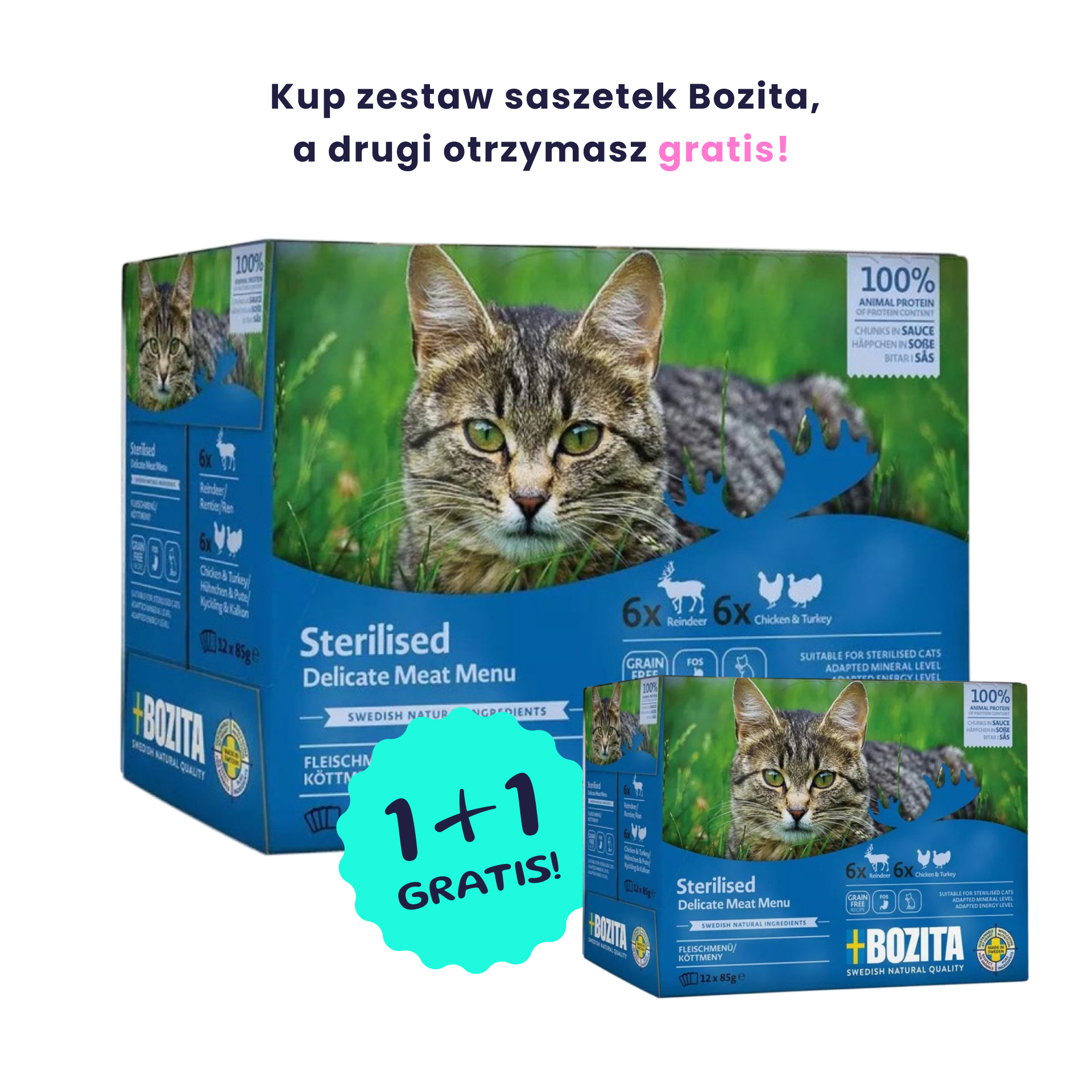 BOZITA Sterilised Zestaw 12 saszetek: mięsne kawałki w sosie dla kotów po sterylizacji 12x85g saszetka + drugie opakowanie 12x85g GRATIS!