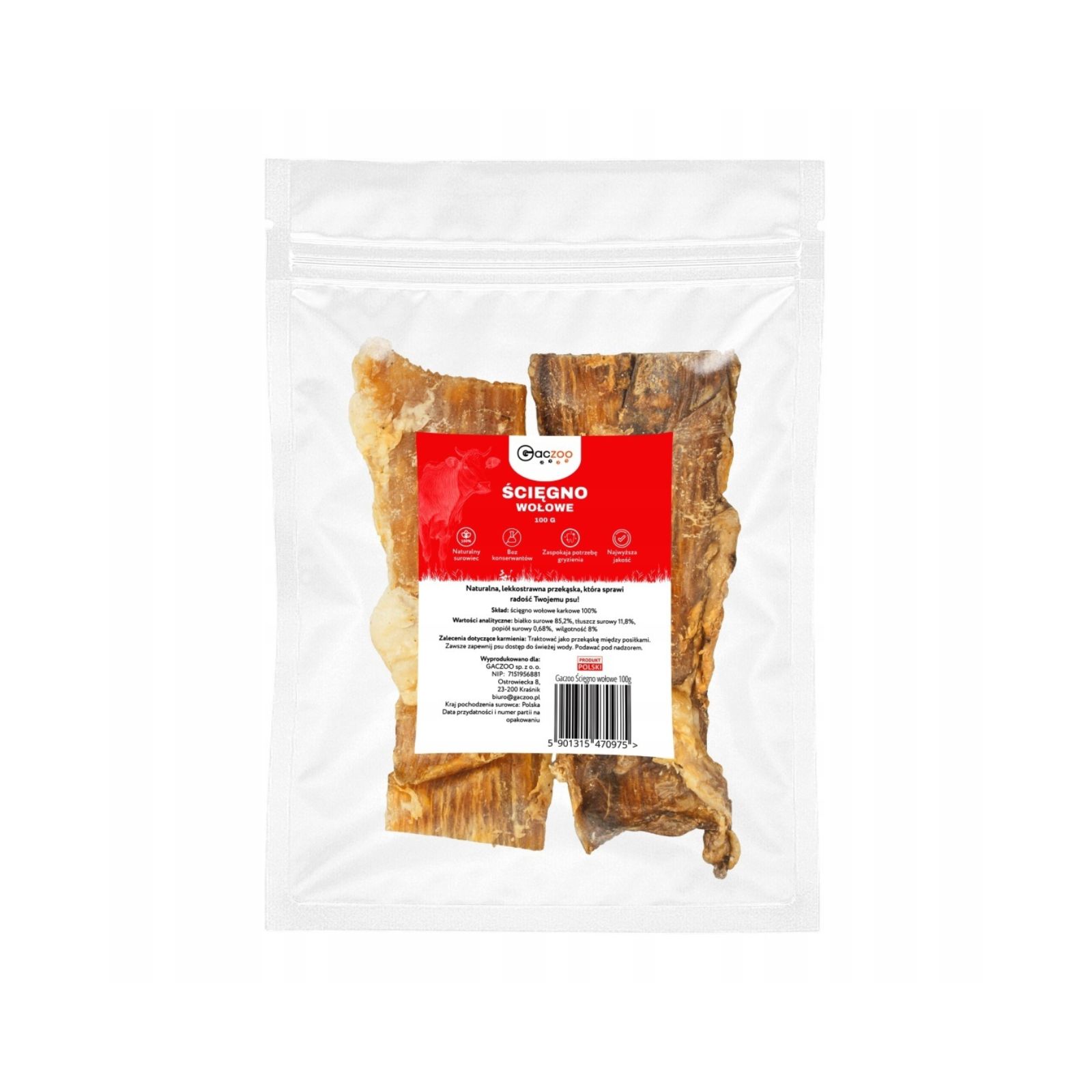 Gaczoo Ścięgno Wołowe karkowe suszony gryzak naturalny przysmak dla psa 100g