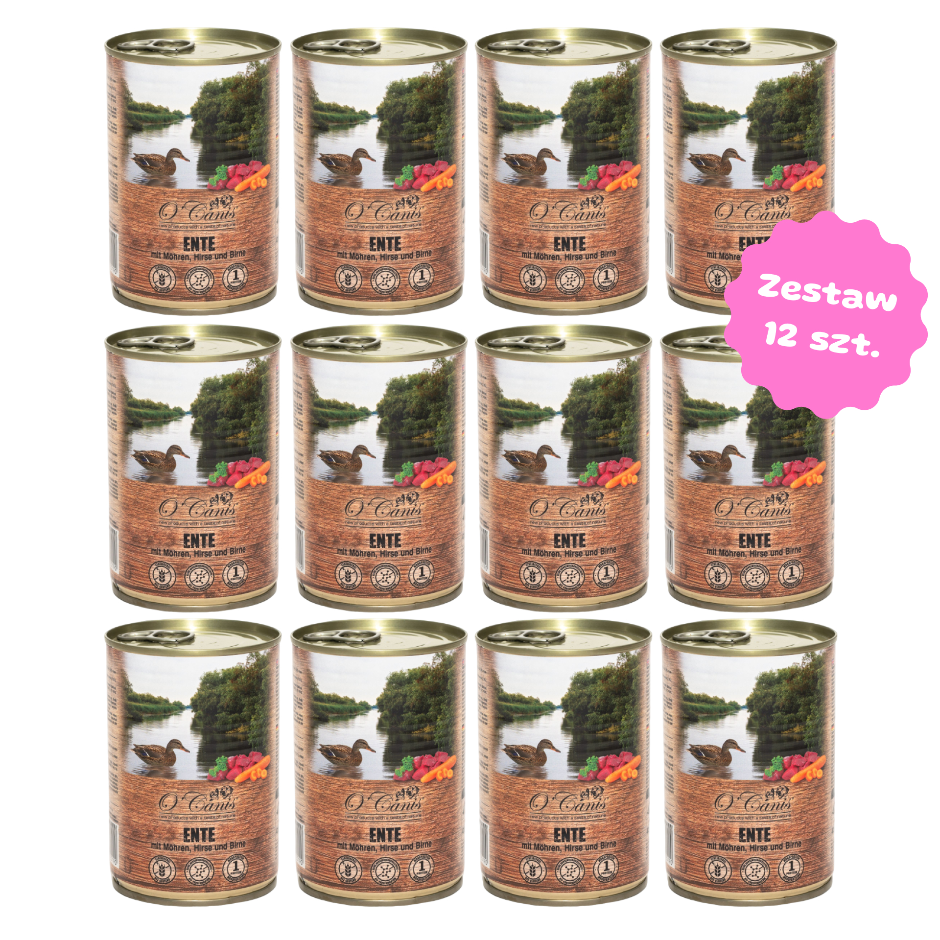 Zestaw 12 szt. puszek karmy mokrej monobiałkowej - O'Canis kaczka z marchewką, prosem i gruszką - 12 szt. puszka 400g