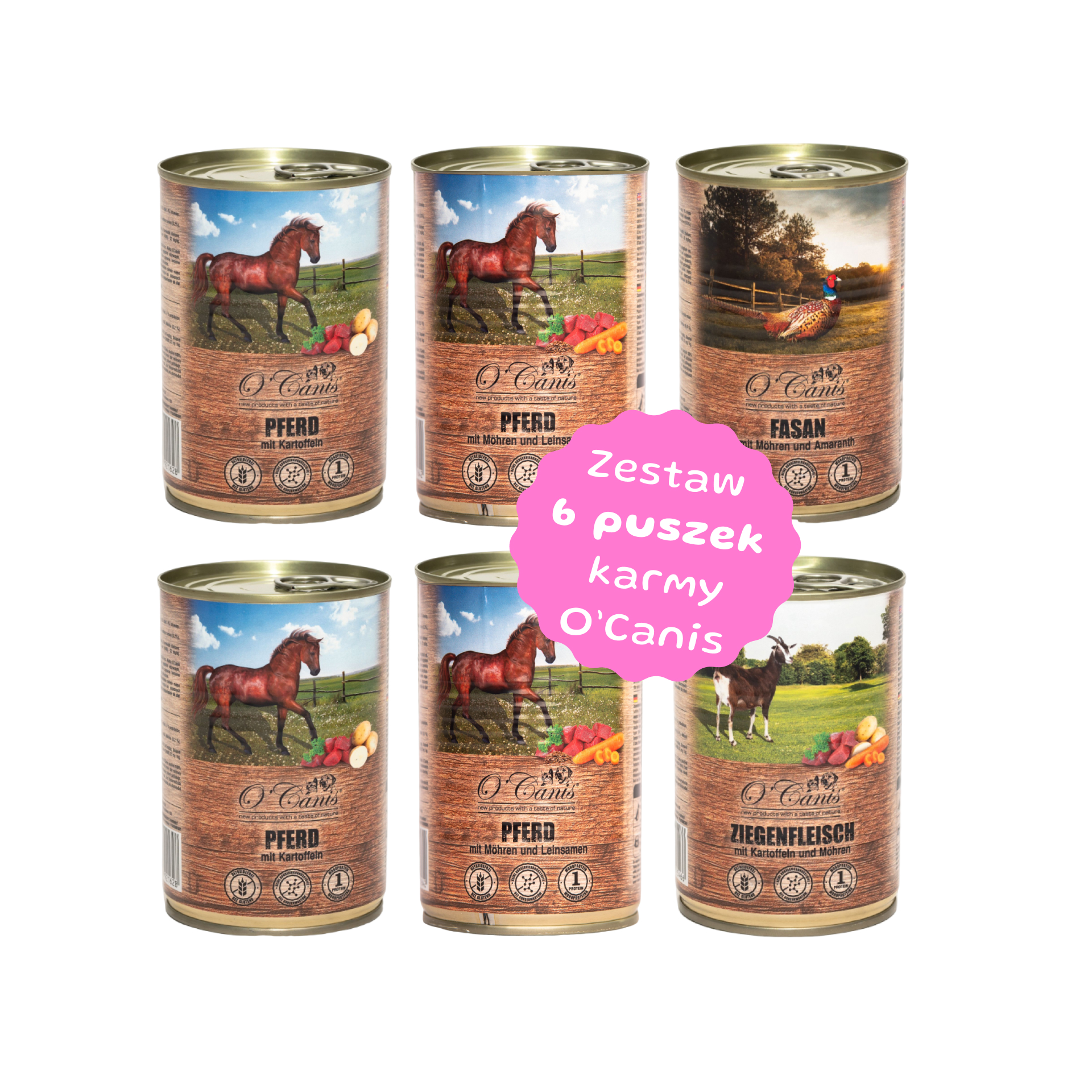Zestaw 6 karm niskotłuszczowych O'Canis - 2x konina z ziemniakami, 2x konina z warzywami, koza, bażant - 6 szt puszka 400g