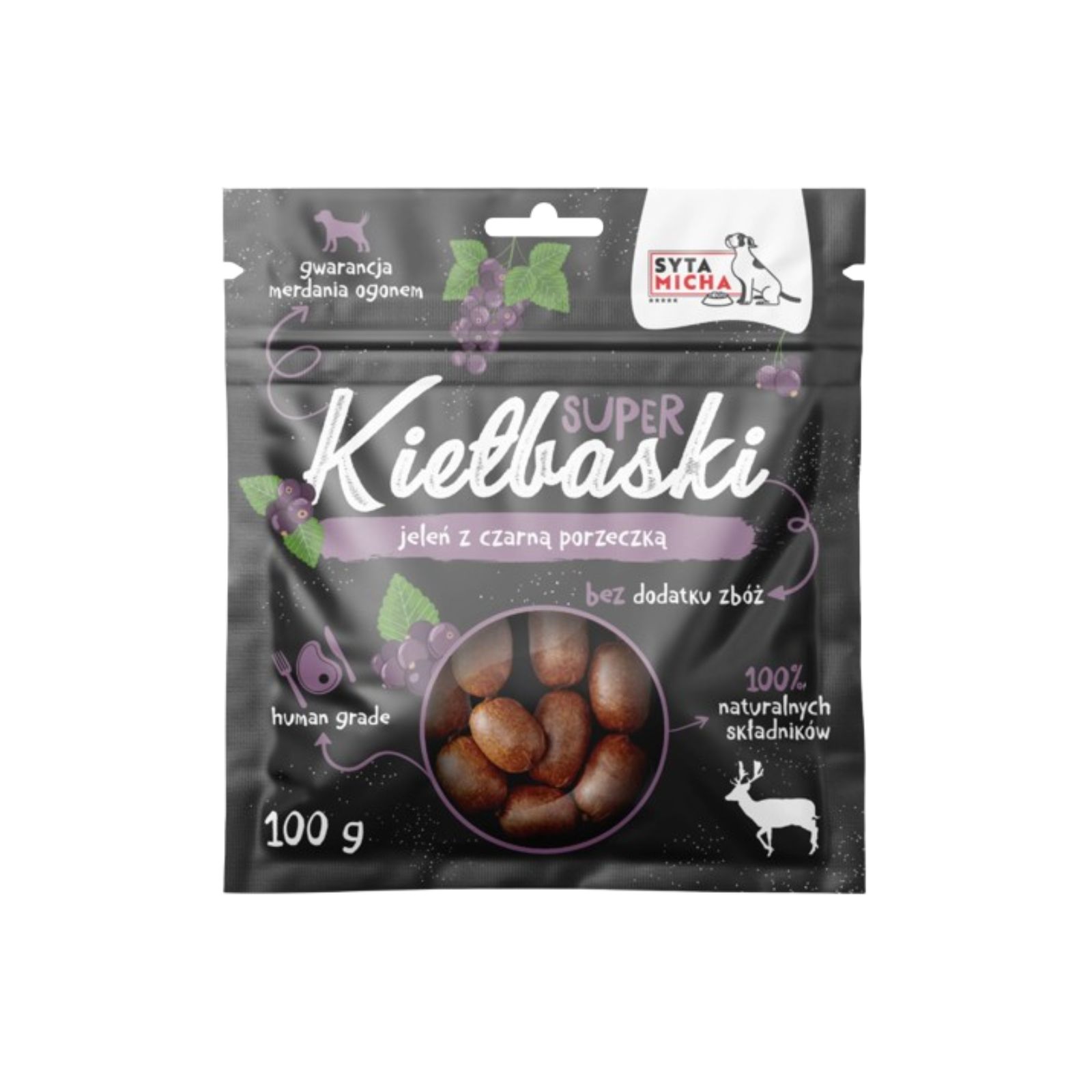 Syta Micha Super kiełbaski z jeleniem i czarną porzeczką suszony przysmak dla psa 100g