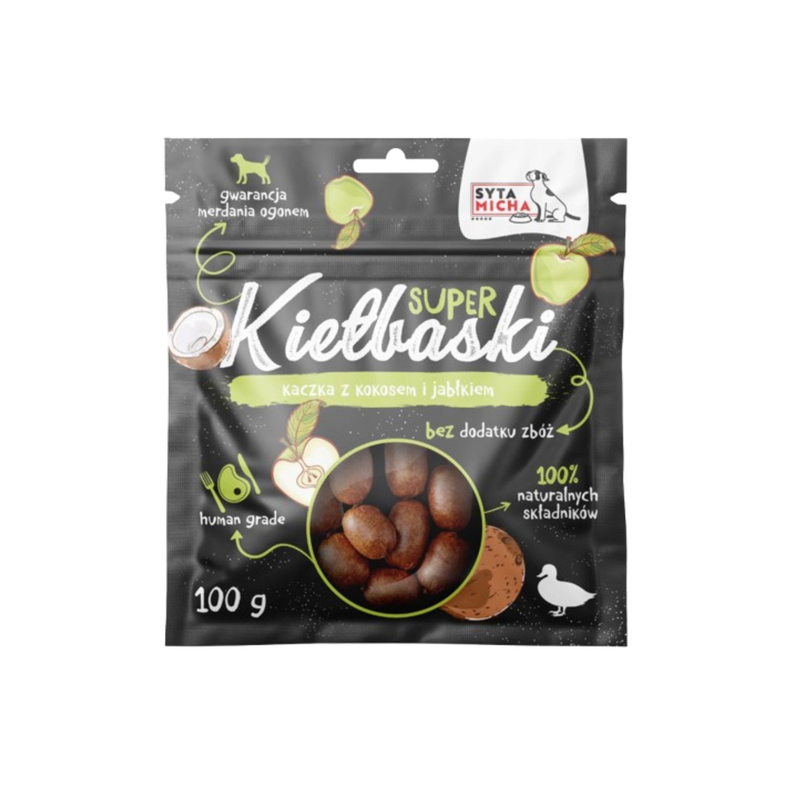 Syta Micha Super kiełbaski z kaczką, kokosem i jabłkiem suszony przysmak dla psa 100g