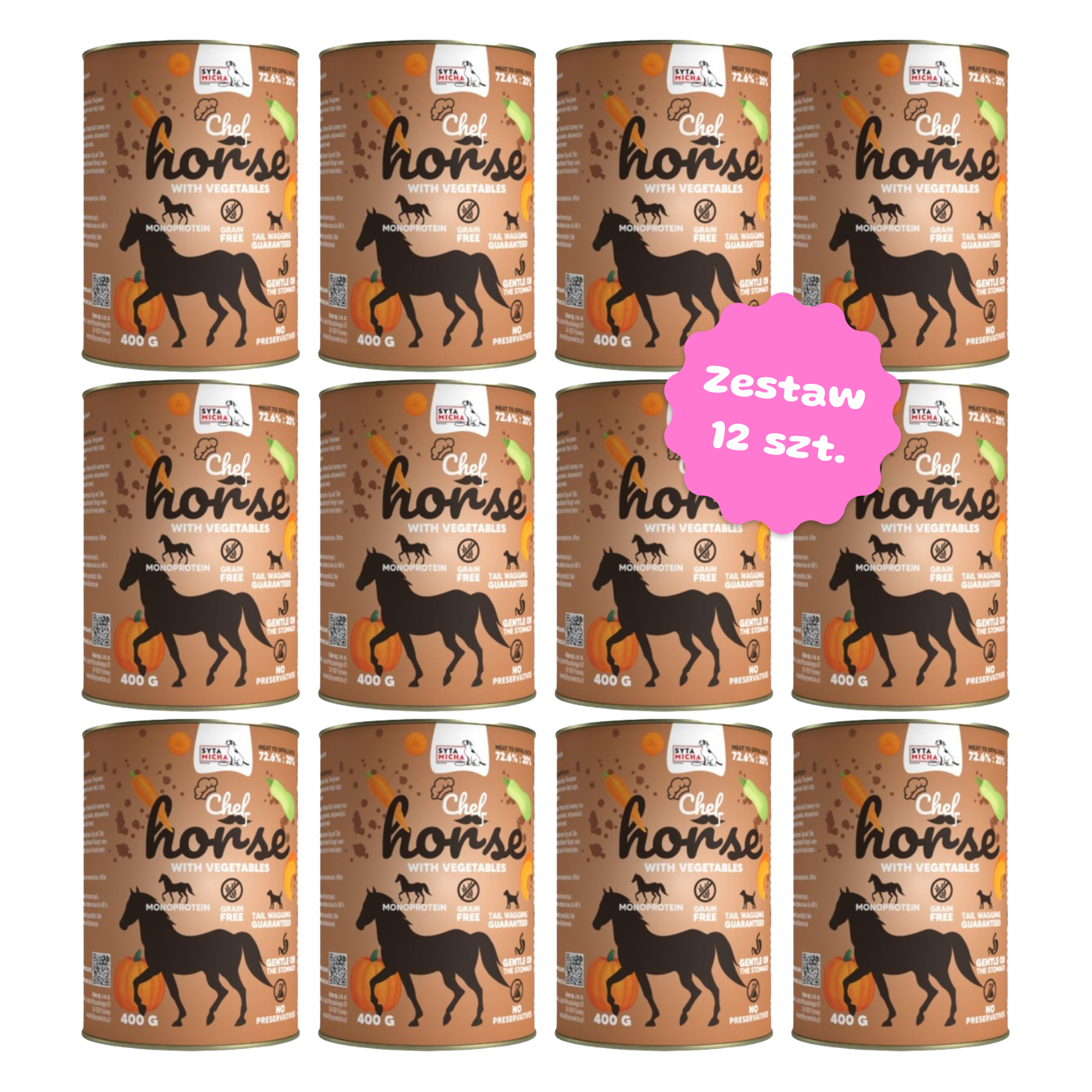 Zestaw 12 szt. puszek karmy mokrej monobiałkowej - Syta Micha CHEF Konina - 12 szt. puszka 400g 