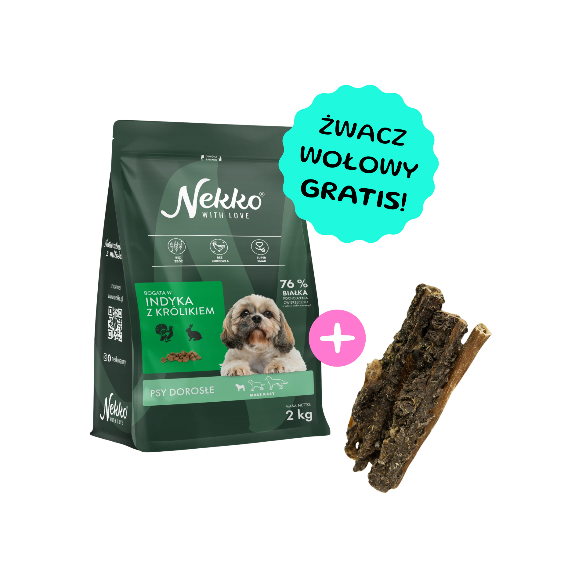 NEKKO Bezzbożowa karma sucha indyk z królikiem dla psów dorosłych małych ras 2kg + żwacze wołowe GRATIS!
