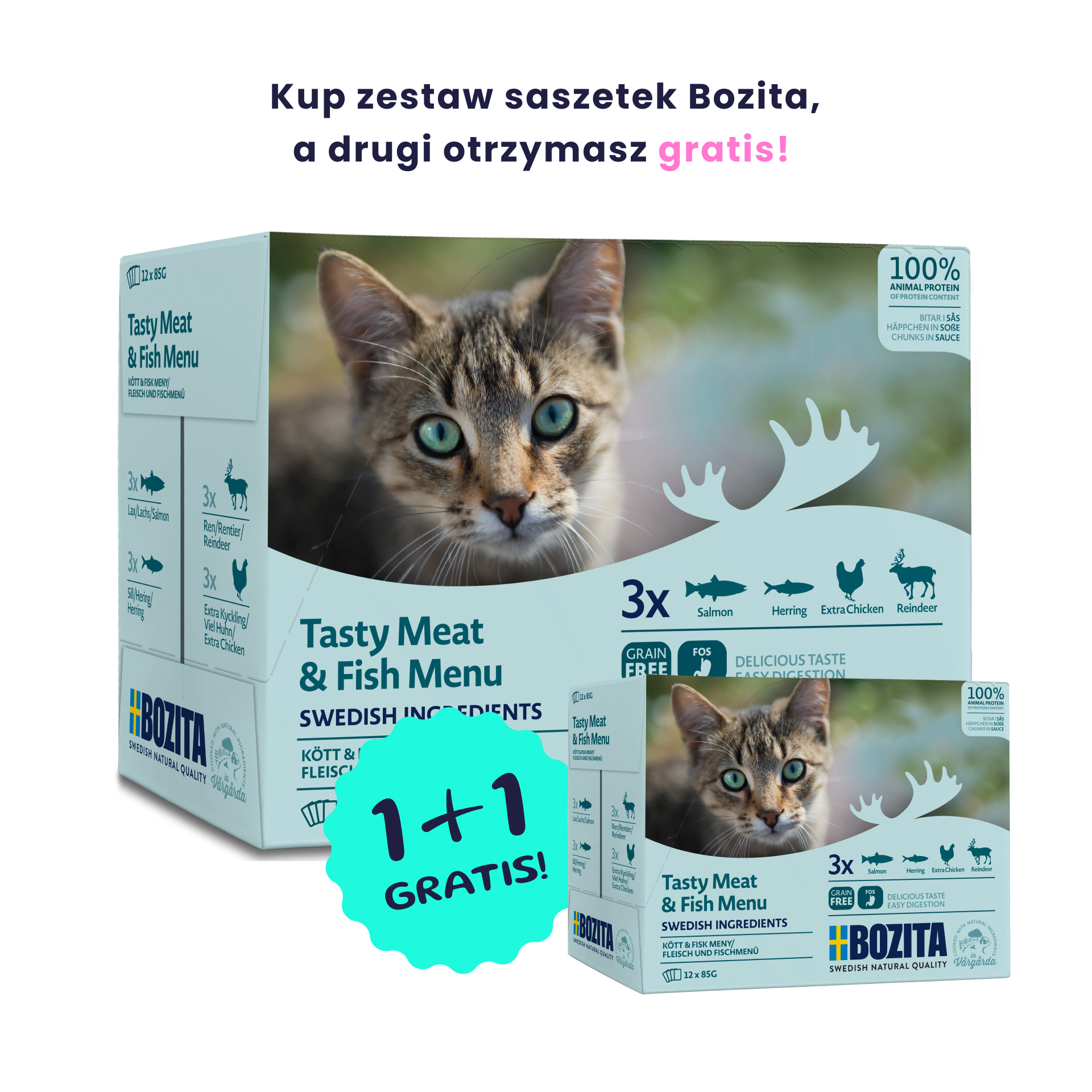 BOZITA Zestaw 12 saszetek: mięsne i rybne kawałki w sosie 12x85g saszetka + drugie opakowanie 12x85g GRATIS!