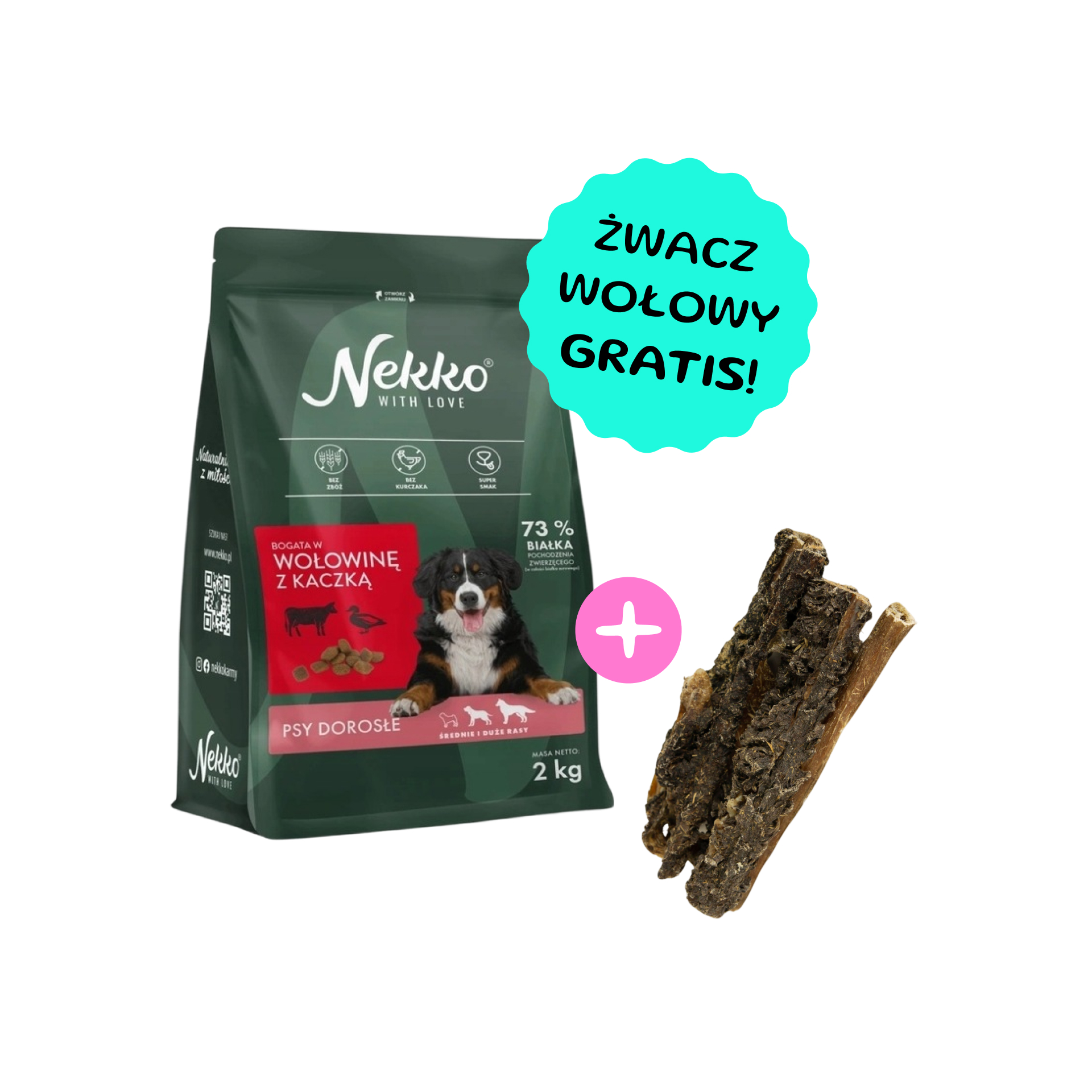 NEKKO Bezzbożowa karma sucha wołowina z kaczką dla psów dorosłych średnich i dużych ras 2kg + żwacze wołowe GRATIS!