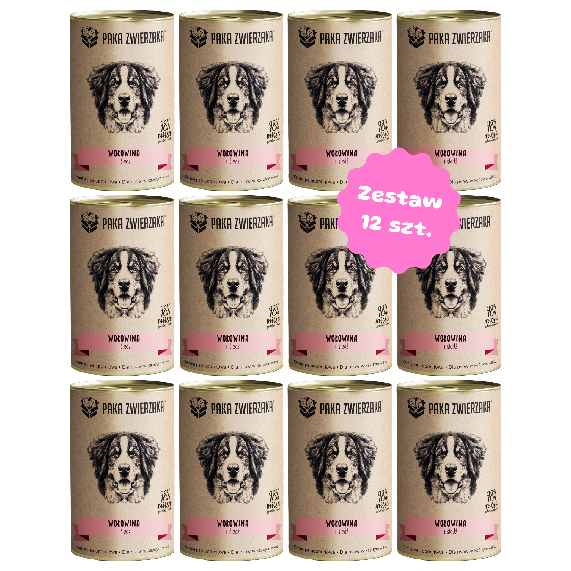 Zestaw 12 szt. puszek karmy mokrej - PAKA ZWIERZAKA Wołowina i śledź - 12 szt. puszka 400g
