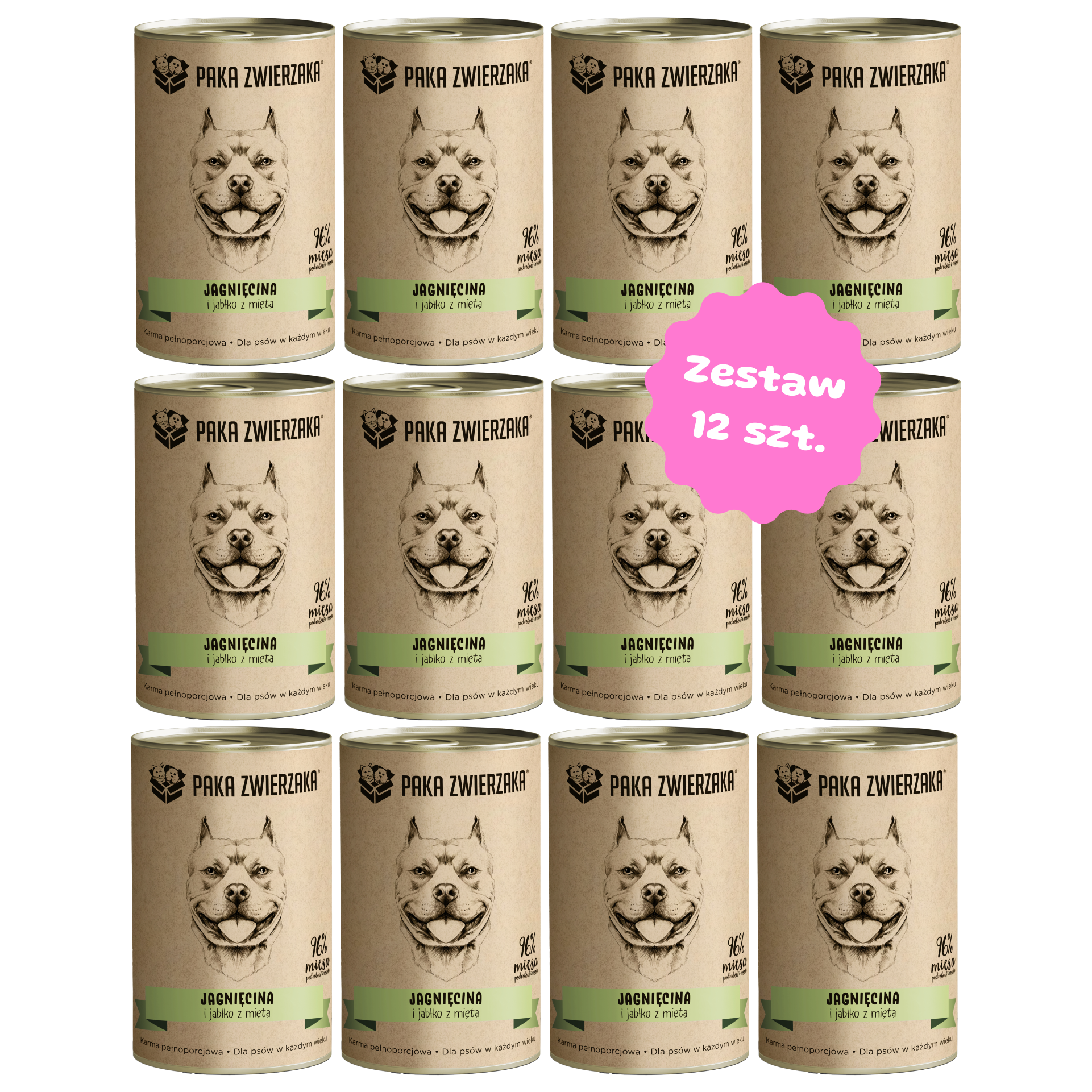 Zestaw 12 szt. puszek karmy mokrej - PAKA ZWIERZAKA Jagnięcina i jabłko z miętą - 12 szt. puszka 400g