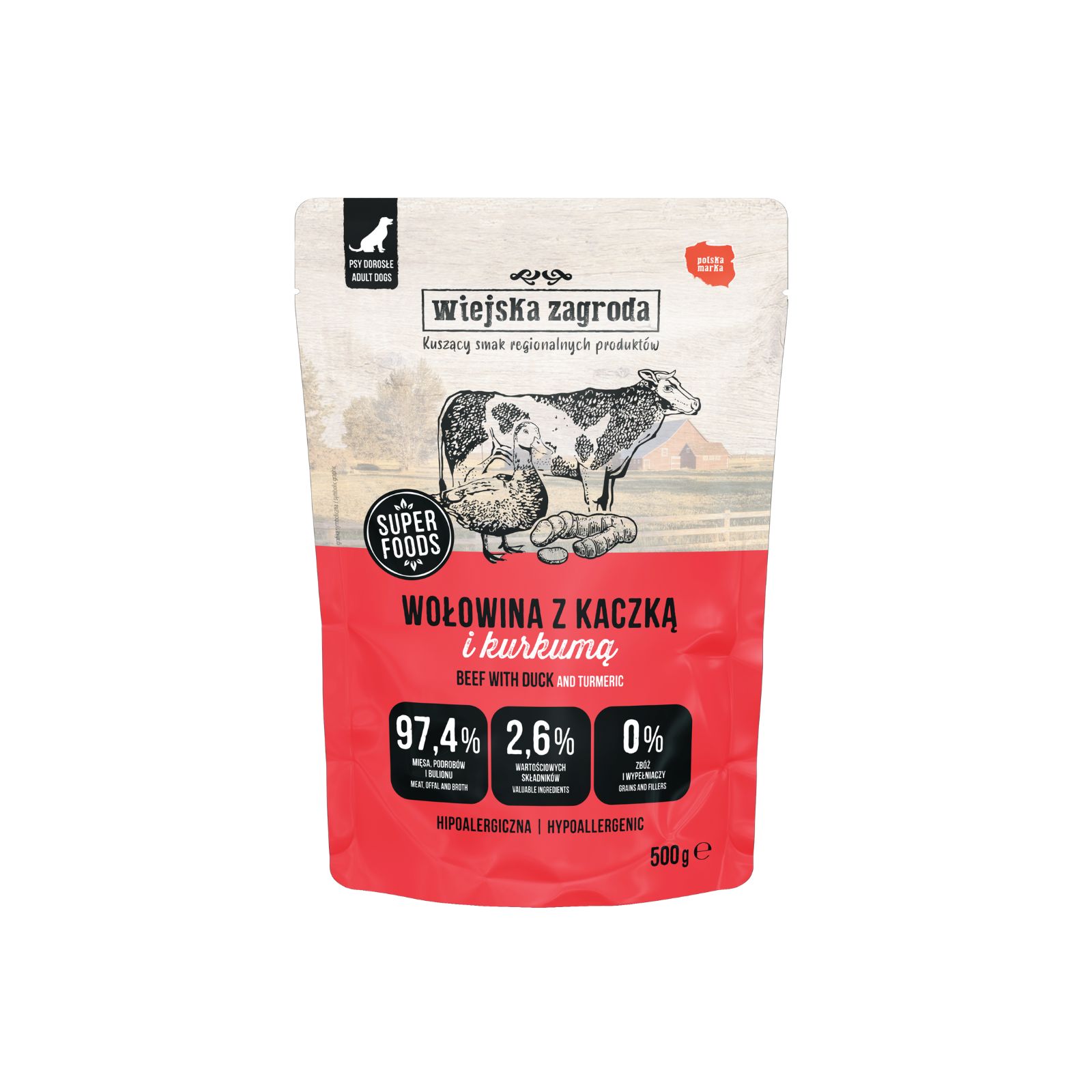 Wiejska Zagroda Karma Mokra Pełnoporcjowa wołowina z kaczką dla psów dorosłych 500g