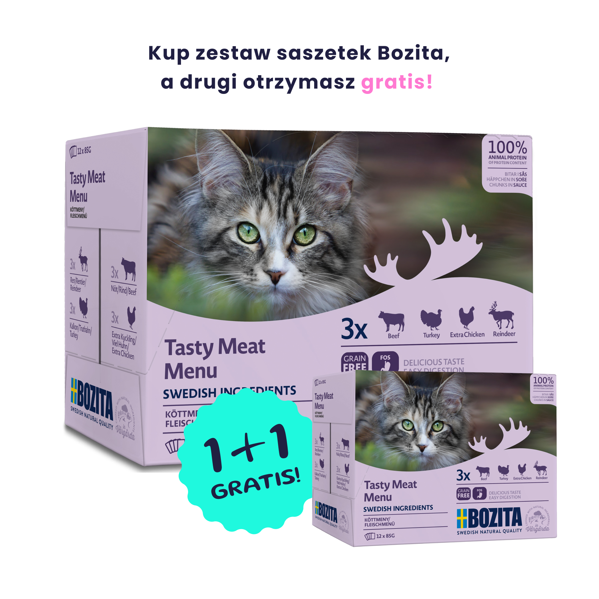 BOZITA Zestaw 12 saszetek: mięsne kawałki w sosie 12x85g saszetka + drugie opakowanie 12x85g GRATIS!