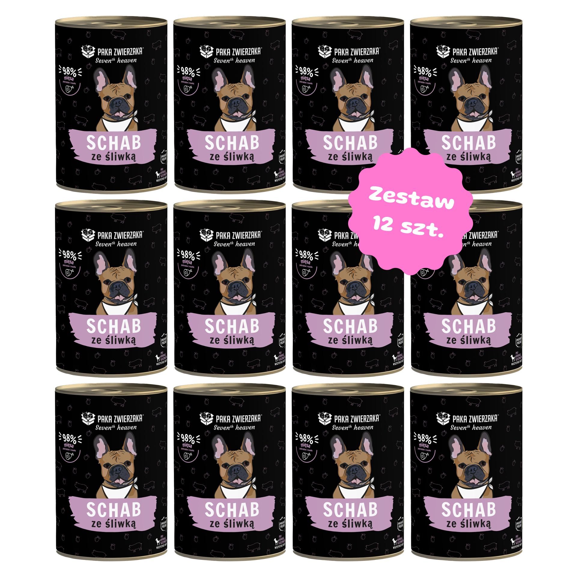 Zestaw 12 szt. puszek karmy mokrej - PAKA ZWIERZAKA SUPERPREMIUM schab ze śliwką - 12 szt. puszka 400g