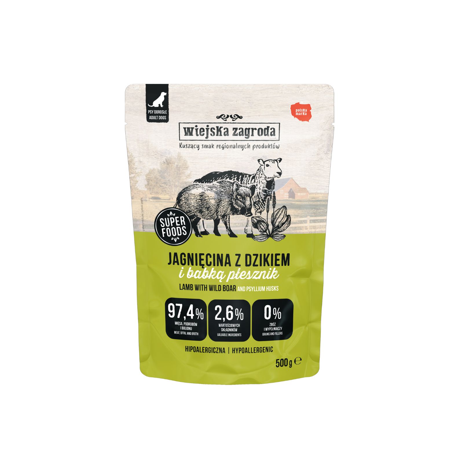 Wiejska Zagroda Karma Mokra Pełnoporcjowa jagnięcina z dzikiem dla psów dorosłych 500g