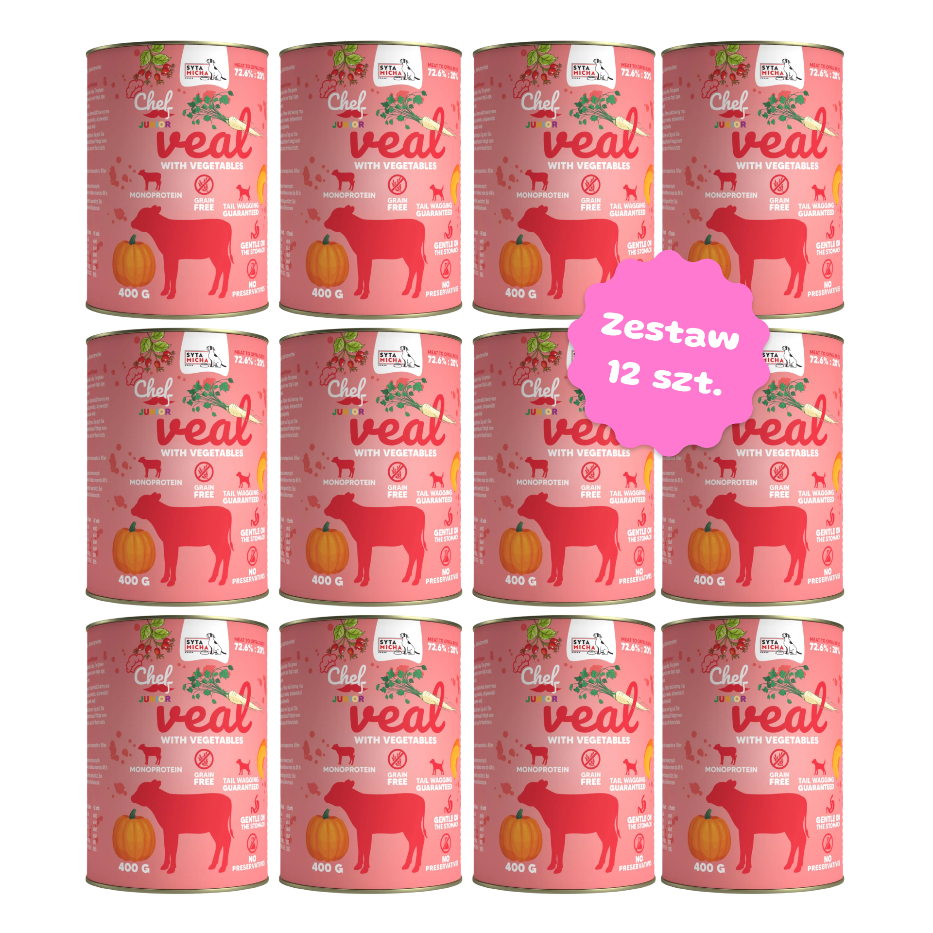 Zestaw 12 szt. puszek karmy mokrej monobiałkowej - Syta Micha CHEF JUNIOR Cielęcina - 12 szt. puszka 400g