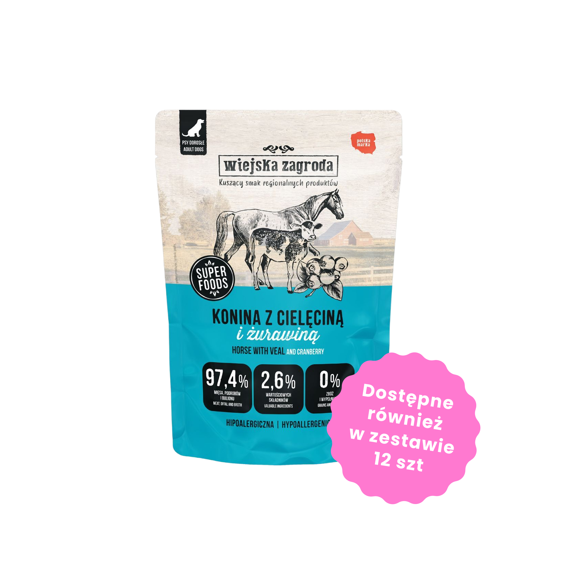 Wiejska Zagroda Karma Mokra Pełnoporcjowa konina z cielęciną dla psów dorosłych 500g