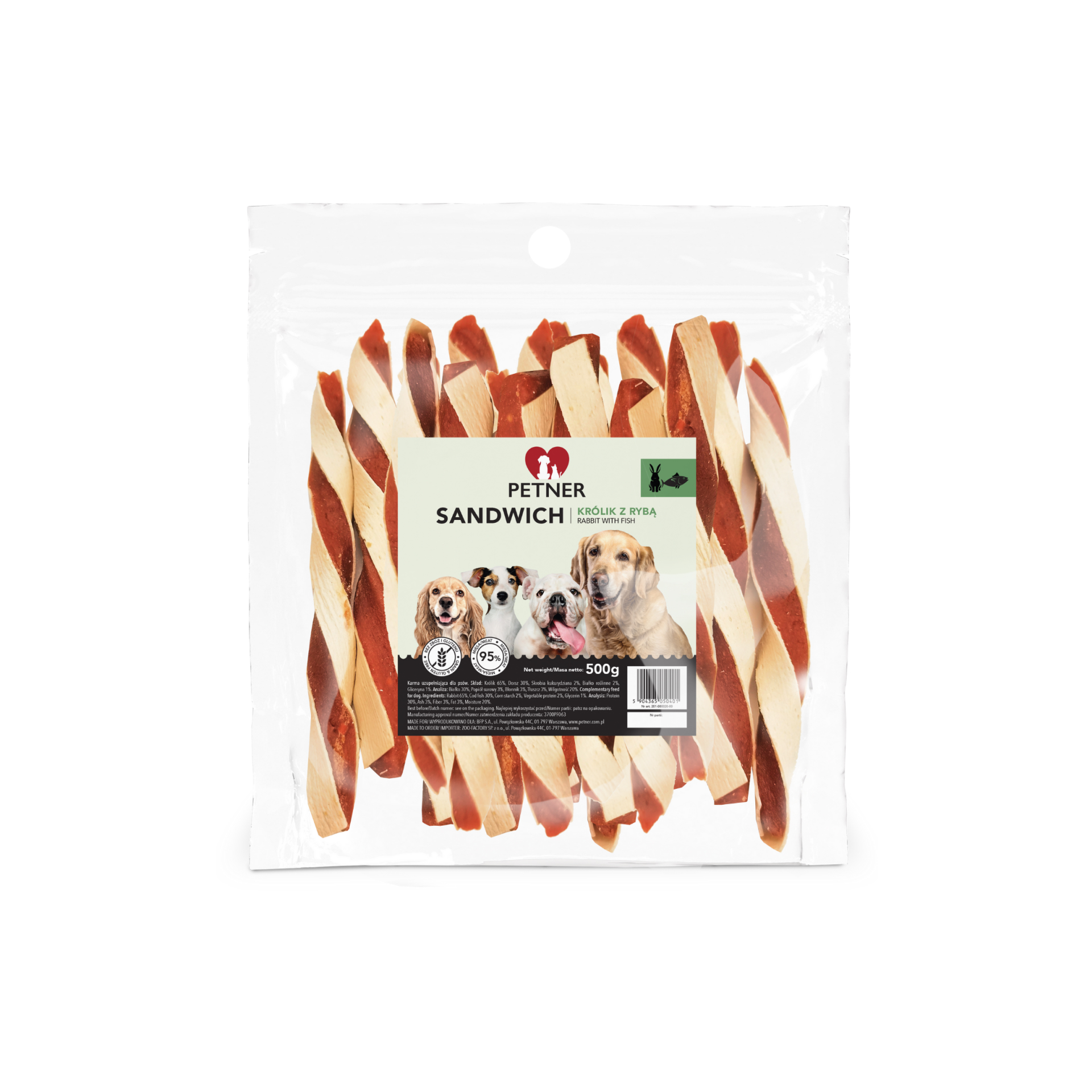 PETNER SANDWICH RABBIT AND FISH KRÓLIK Z RYBĄ przysmak dla psa 500G