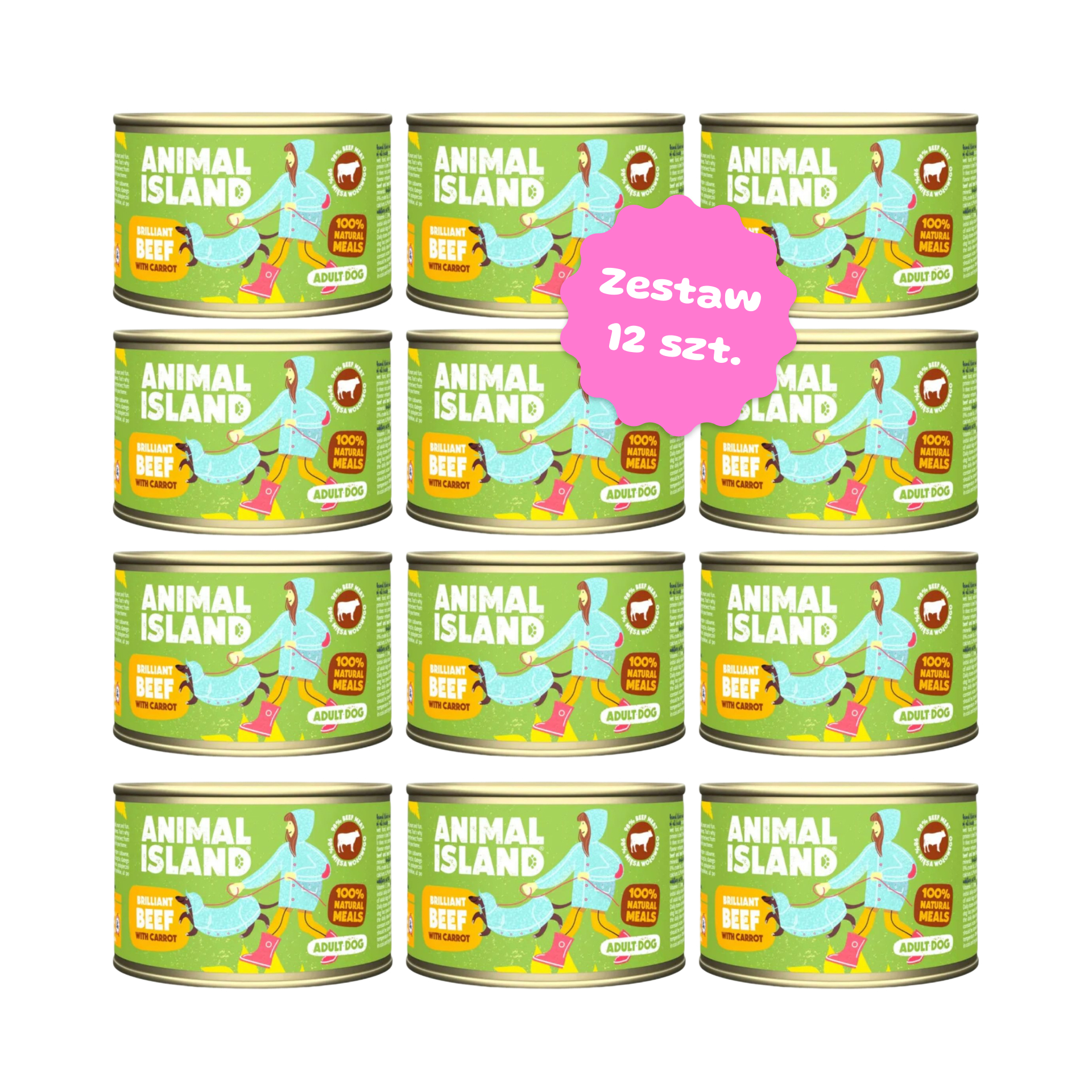 Zestaw 12 szt. puszek karmy mokrej monobiałkowej - Animal Island wołowina z marchewką - 12 szt. puszka 410g 