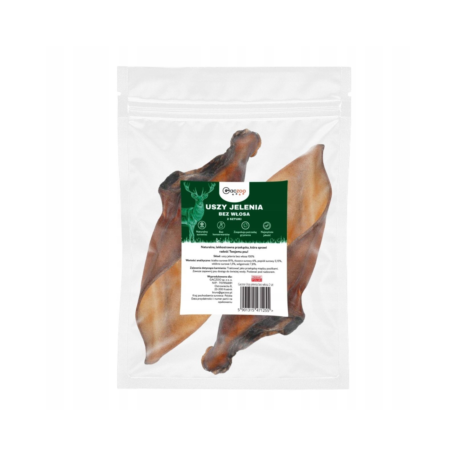 Gaczoo Ucho Jelenia bez włosa naturalny gryzak przysmak dla psa 2szt