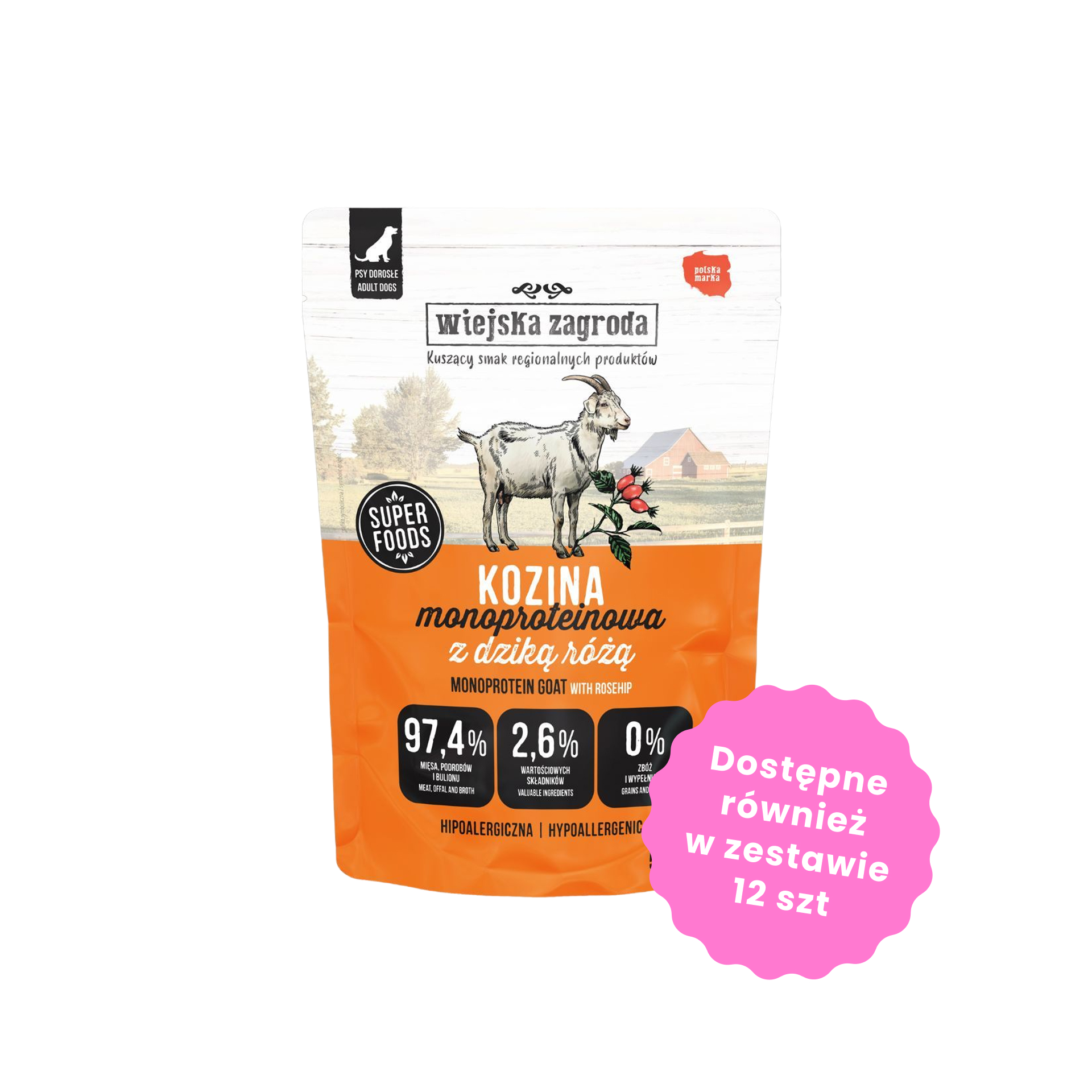 Wiejska Zagroda Karma Mokra Monobiałkowa kozina z dziką różą dla psów dorosłych 500g