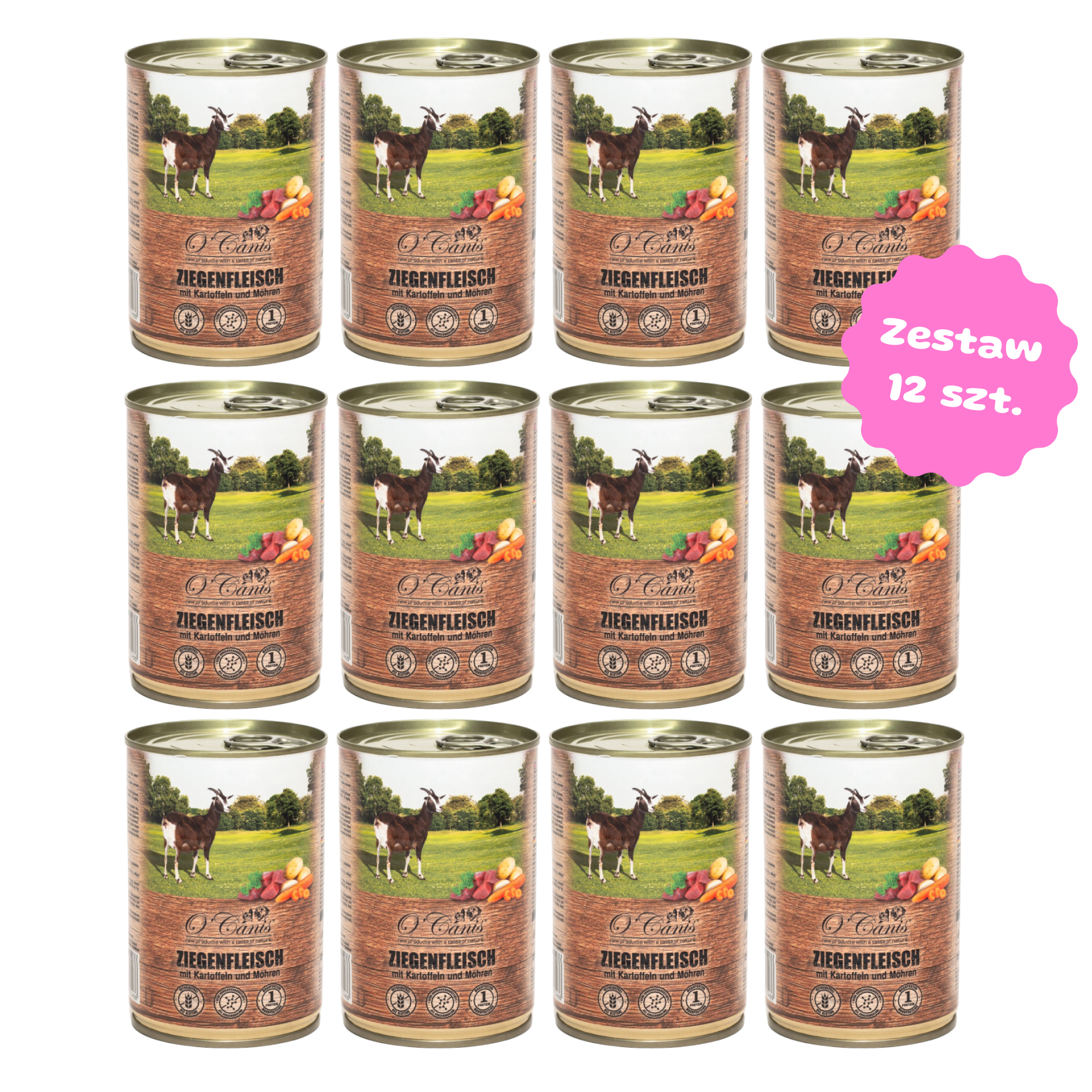Zestaw 12 szt. puszek karmy mokrej monobiałkowej - O'Canis koza z ziemniakami, pietruszką i marchewką - 12 szt. puszka 400g