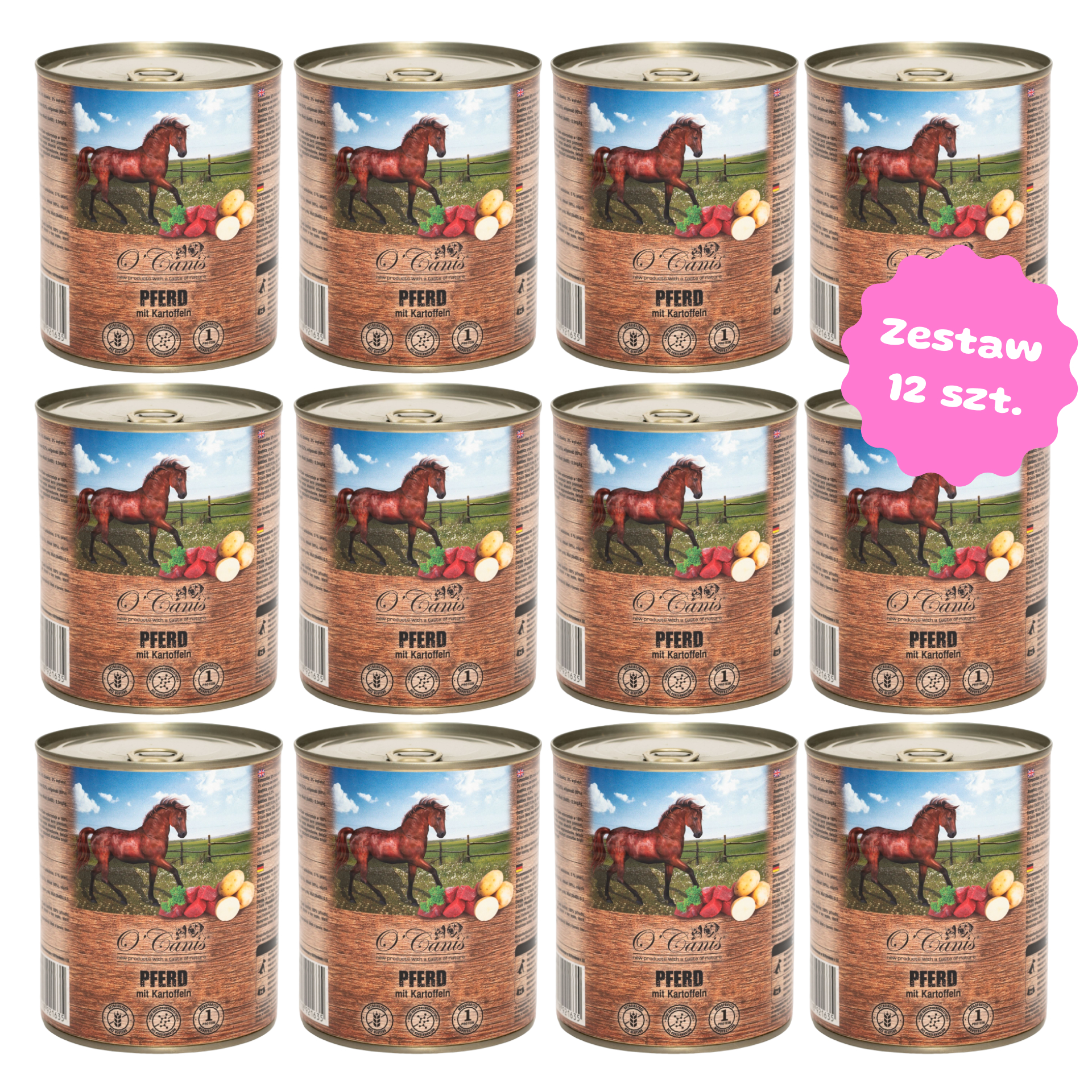 Zestaw 12 szt. puszek karmy mokrej monobiałkowej  - O'Canis konina z ziemniakami - 12 szt. puszka 800g