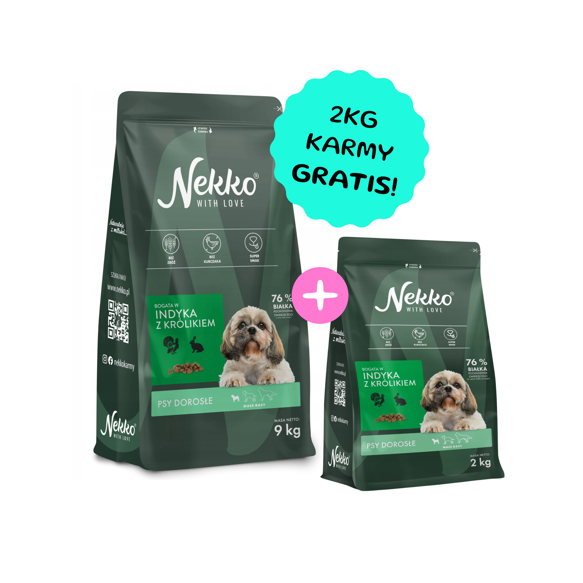 NEKKO Bezzbożowa karma sucha indyk z królikiem dla psów dorosłych małych ras 9kg + 2kg GRATIS!