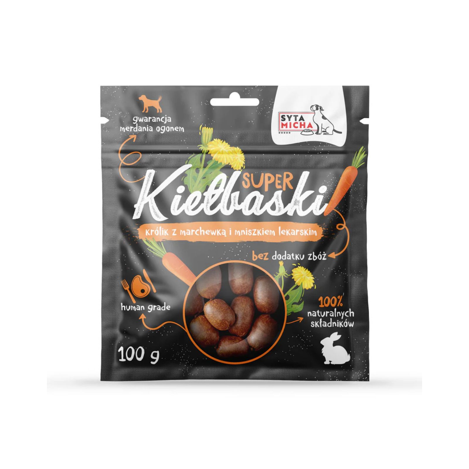 Syta Micha Super kiełbaski z królikiem, marchewką i mniszkiem suszony przysmak dla psa 100g