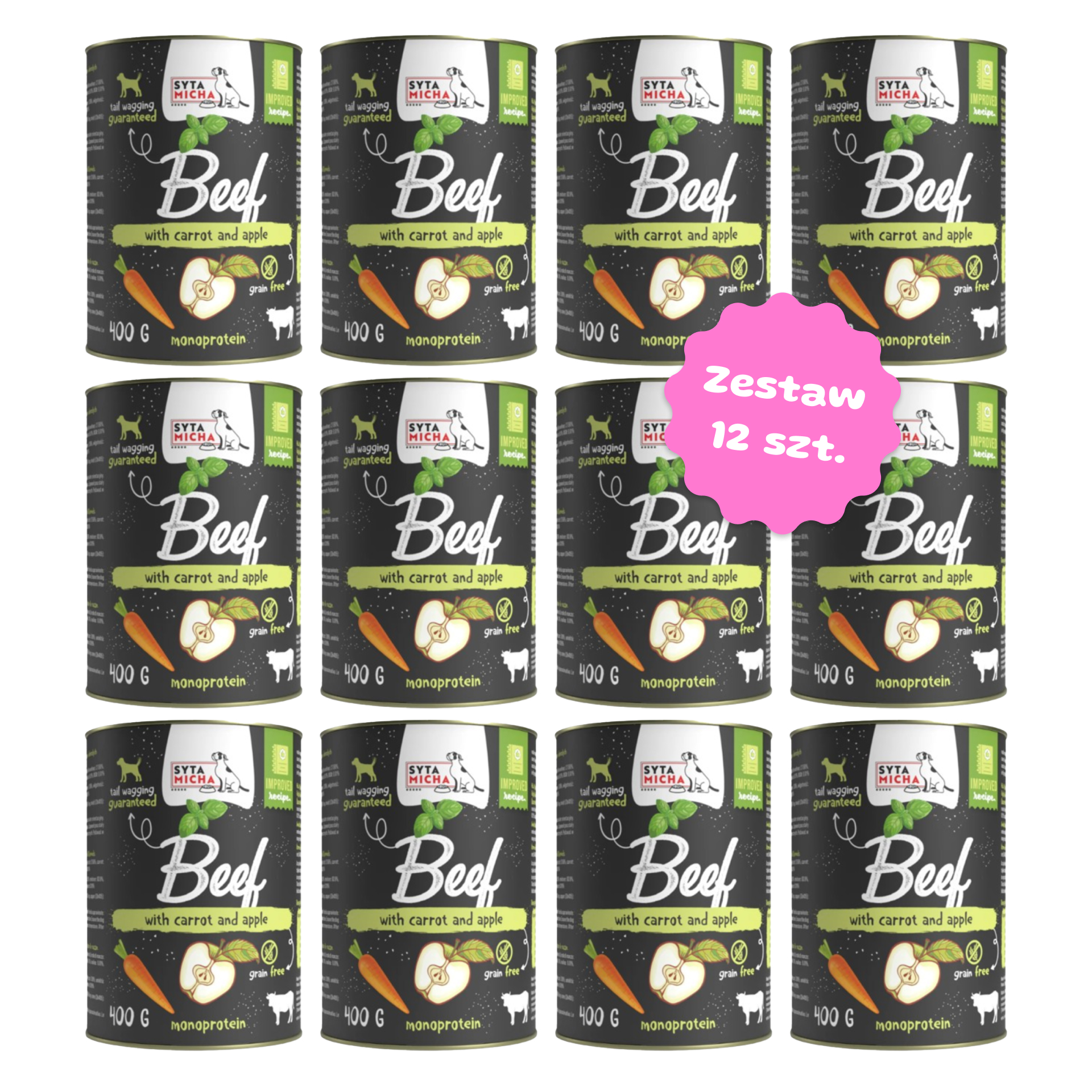 Zestaw 12 szt. puszek karmy mokrej monobiałkowej - Syta Micha Wołowina z marchewką i jabłkiem - 12 szt. puszka 400g 