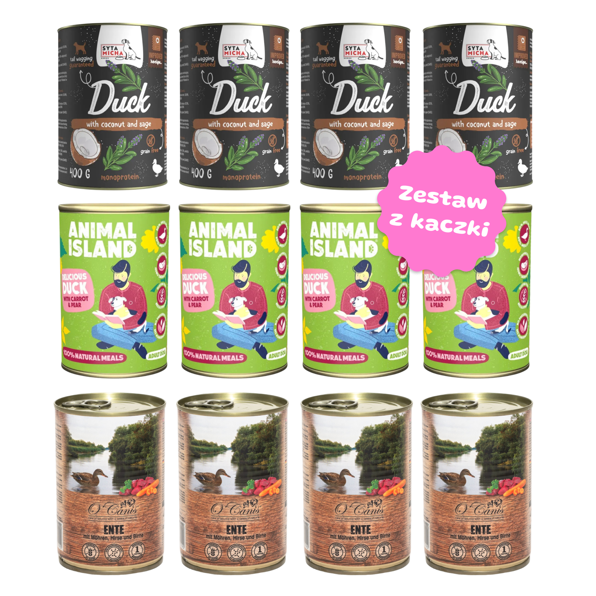 Zestaw 12 szt. puszek karmy mokrej z kaczki - Syta Micha, O'Canis, Animal Island- 12 szt. puszka 400g