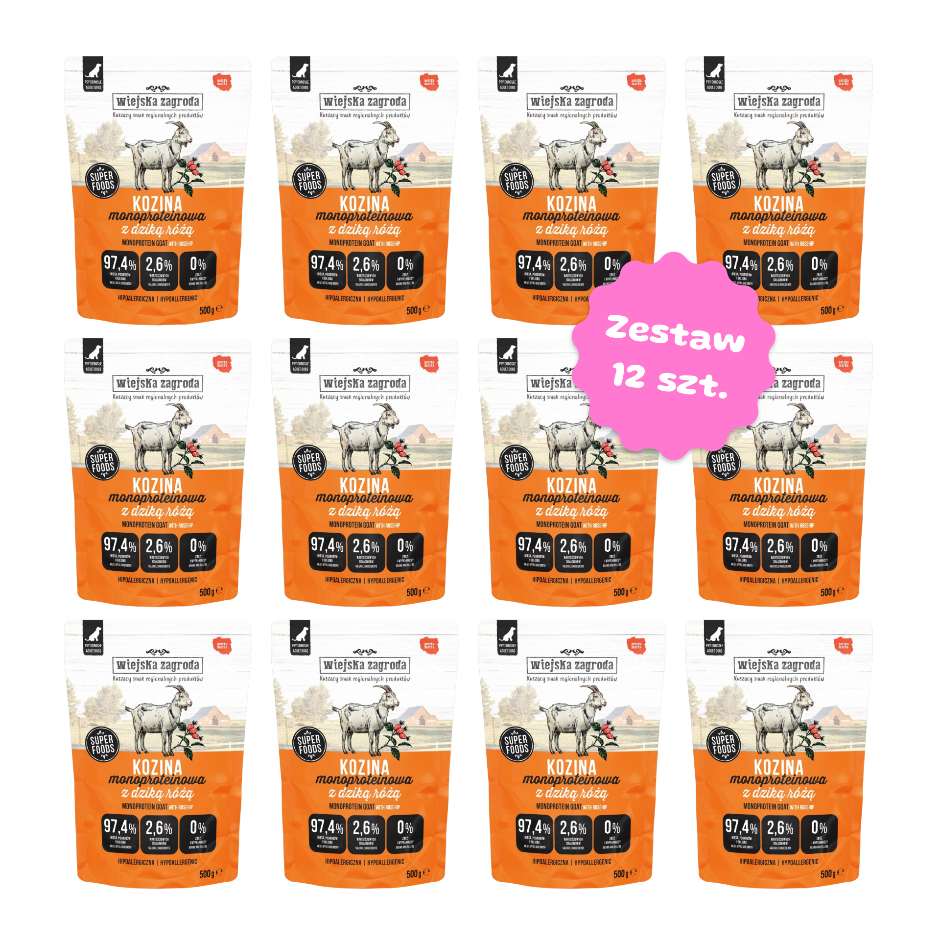 Zestaw 12 szt. saszetek karmy mokrej monobiałkowej - Wiejska Zagroda kozina z dziką różą - 12 szt. saszetka 500g