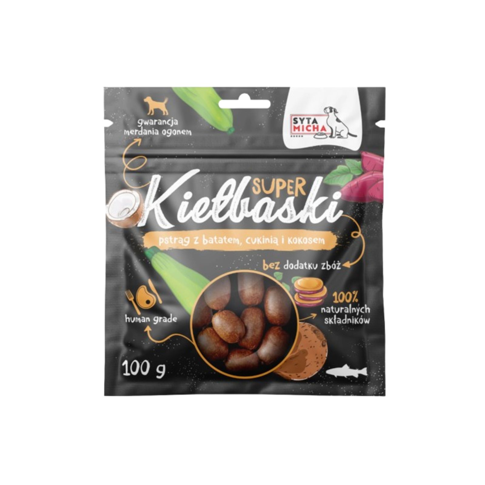 Syta Micha Super kiełbaski z pstrągiem, batatem, cukinią i kokosem suszony przysmak dla psa 100g