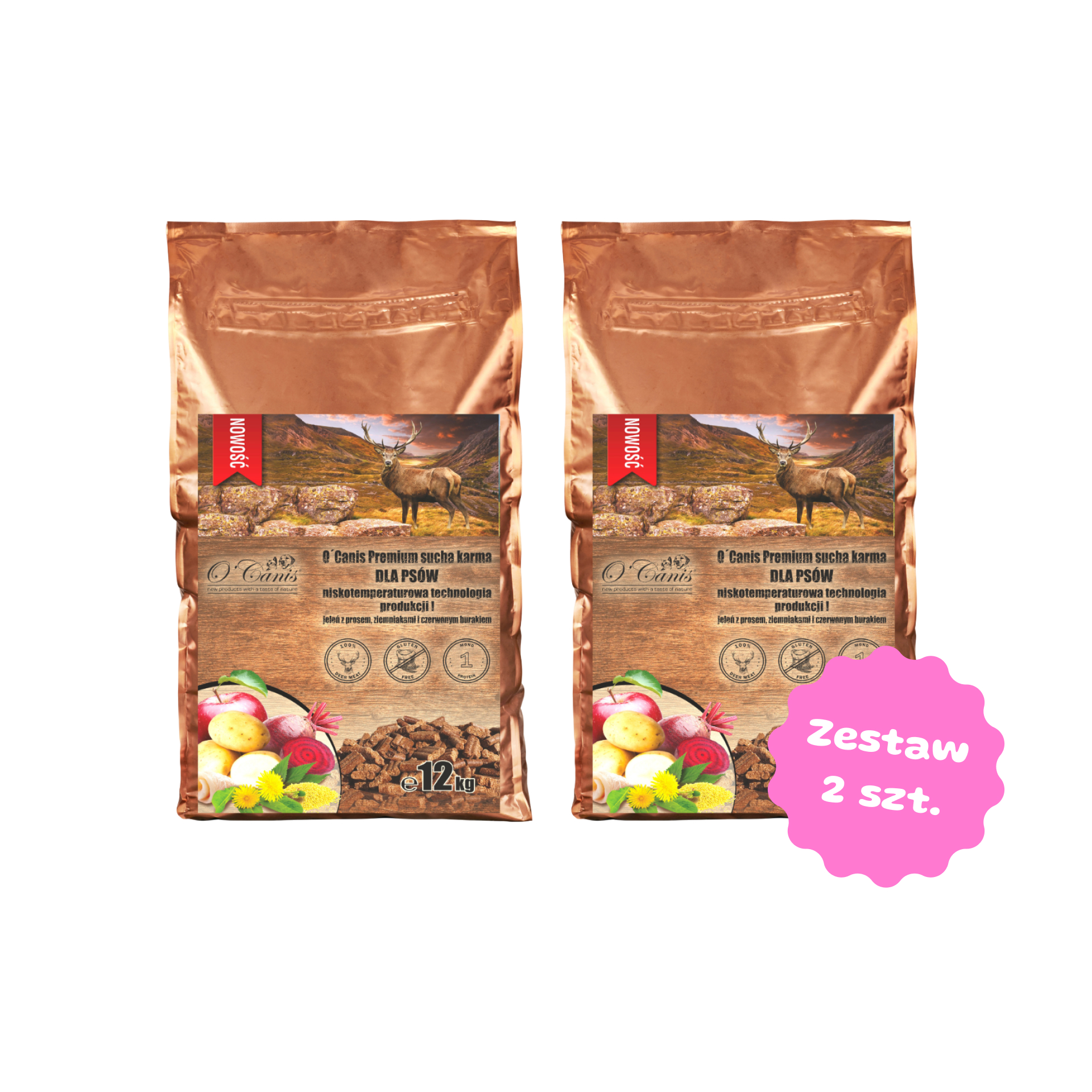 Zestaw 2 karm 12kg - O'Canis sucha karma premium dla psa z jeleniem, prosem, czerwonym burakiem i jabłkiem - 2 szt worek 12kg