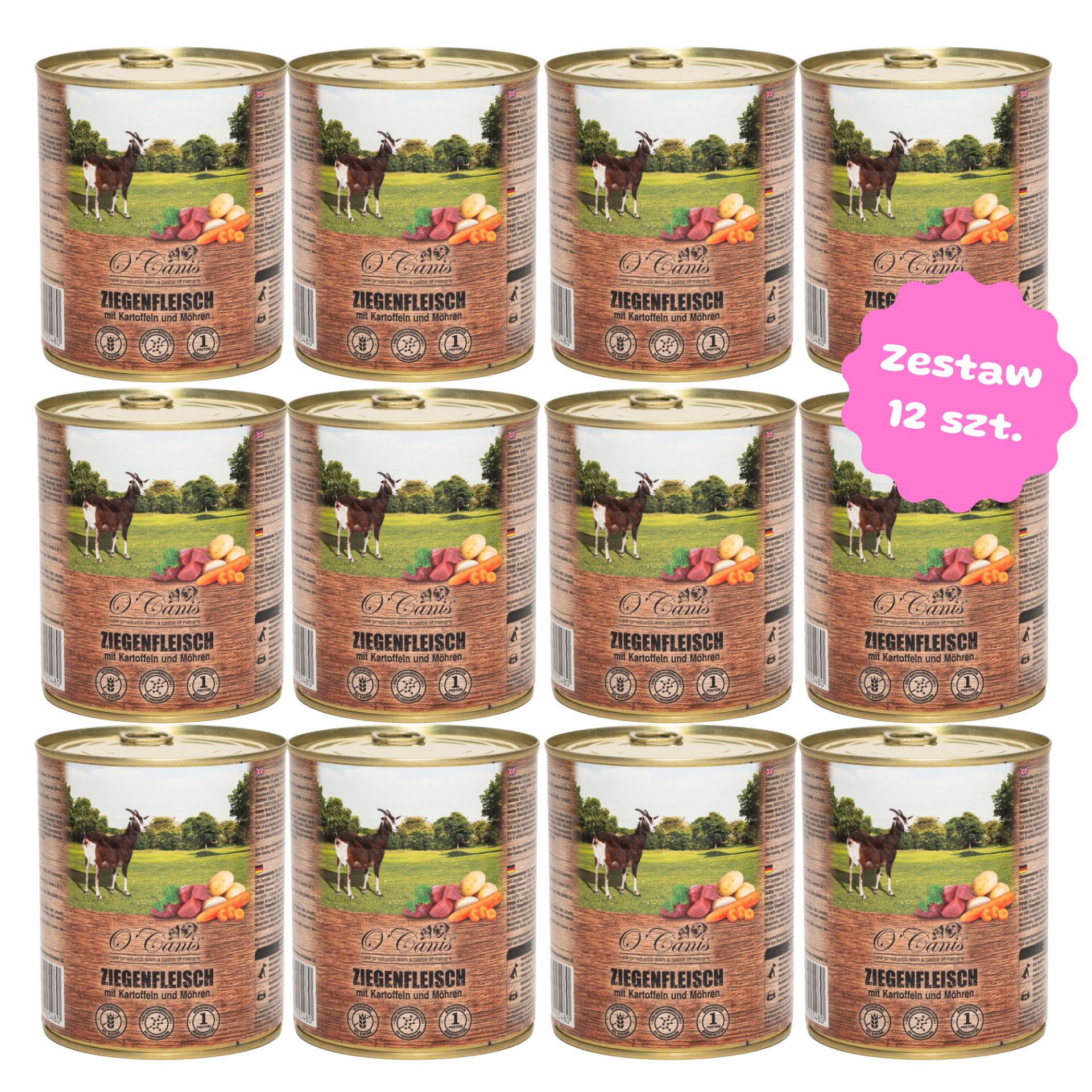 Zestaw 12 szt. puszek karmy mokrej monobiałkowej - O'Canis koza z ziemniakami, pietruszką i marchewką - 12 szt. puszka 800g 