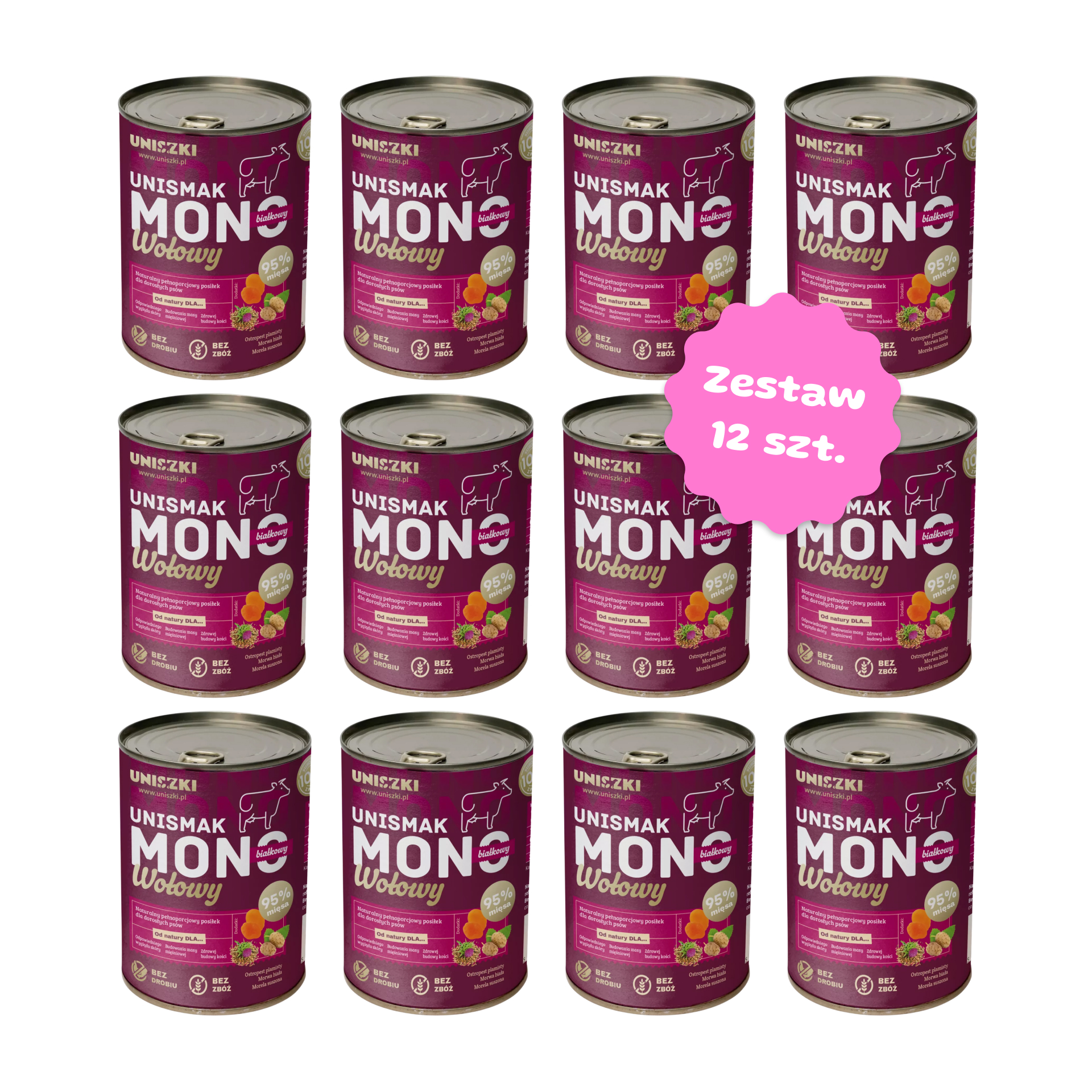 Zestaw 12 szt. puszek karmy mokrej monobiałkowej - Uniszki UNISMAK Mono Wołowina - 12 szt. puszka 400g