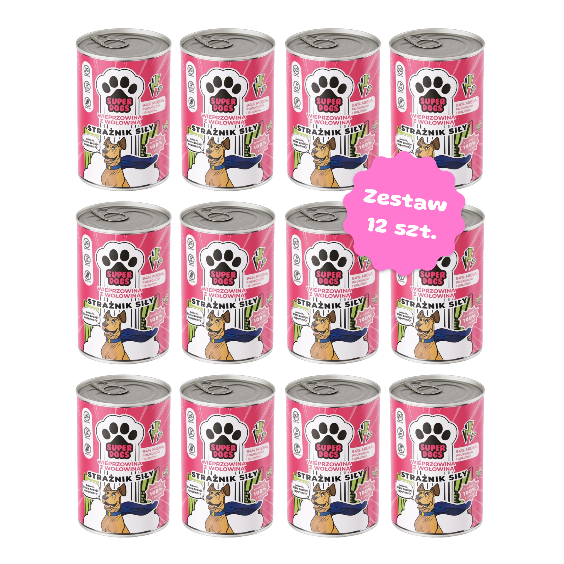Zestaw 12 szt. puszek pełnoporcjowej karmy mokrej - SUPERDOGS Strażnik Siły Wieprzowina z wołowiną - 12 szt. puszka 400g
