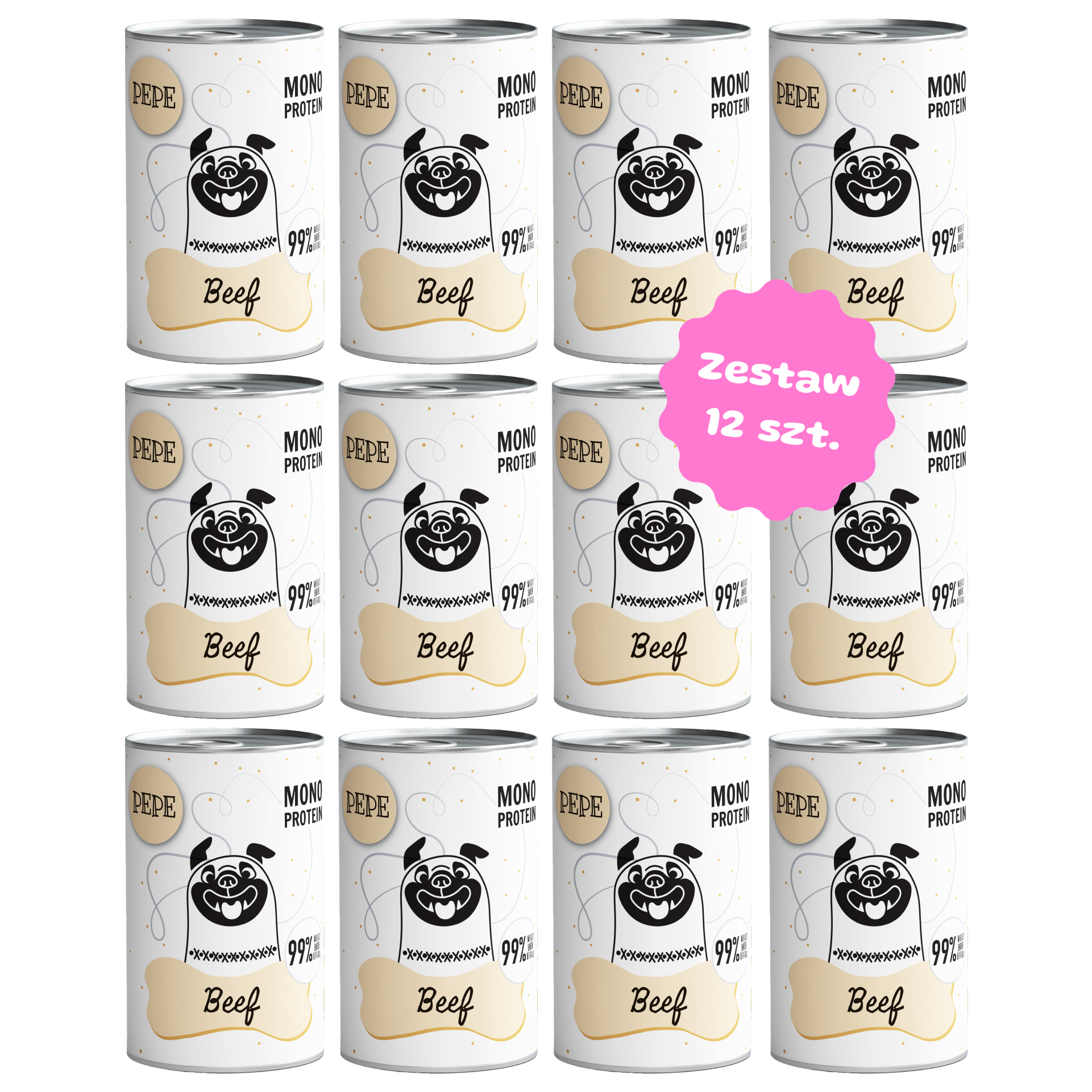 Zestaw 12 szt. puszek karmy mokrej monobiałkowej - PAKA ZWIERZAKA PEPE MONO PROTEIN wołowina - 12 szt. puszka 400g