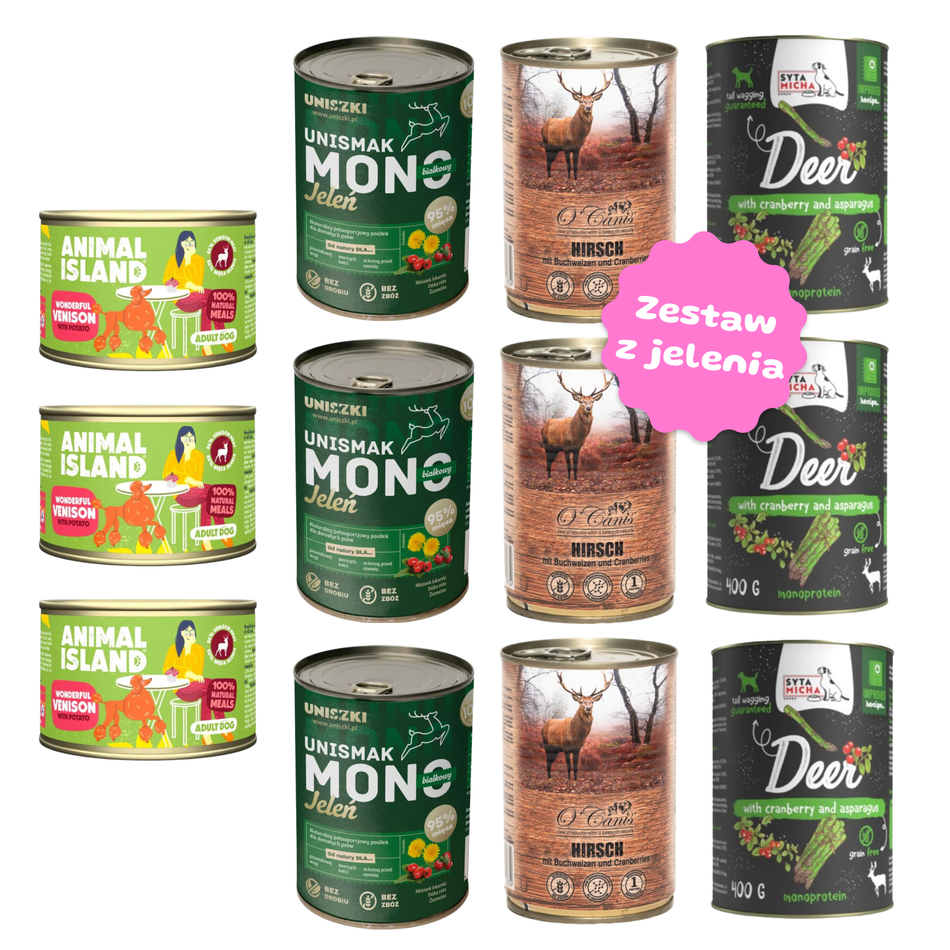 Zestaw 12 szt. puszek karmy mokrej z jelenia - Syta Micha, O'Canis, Uniszki, Animal Island- 12 szt. puszka 400g-410g 