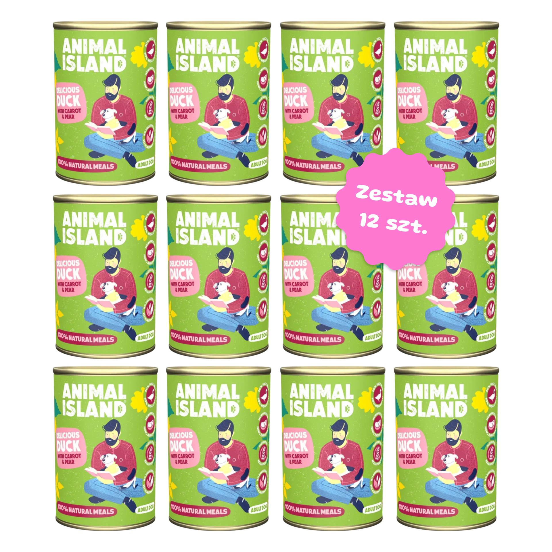 Zestaw 12 szt. puszek karmy mokrej monobiałkowej - Animal Island kaczka z marchewką i gruszką - 12 szt. puszka 400g