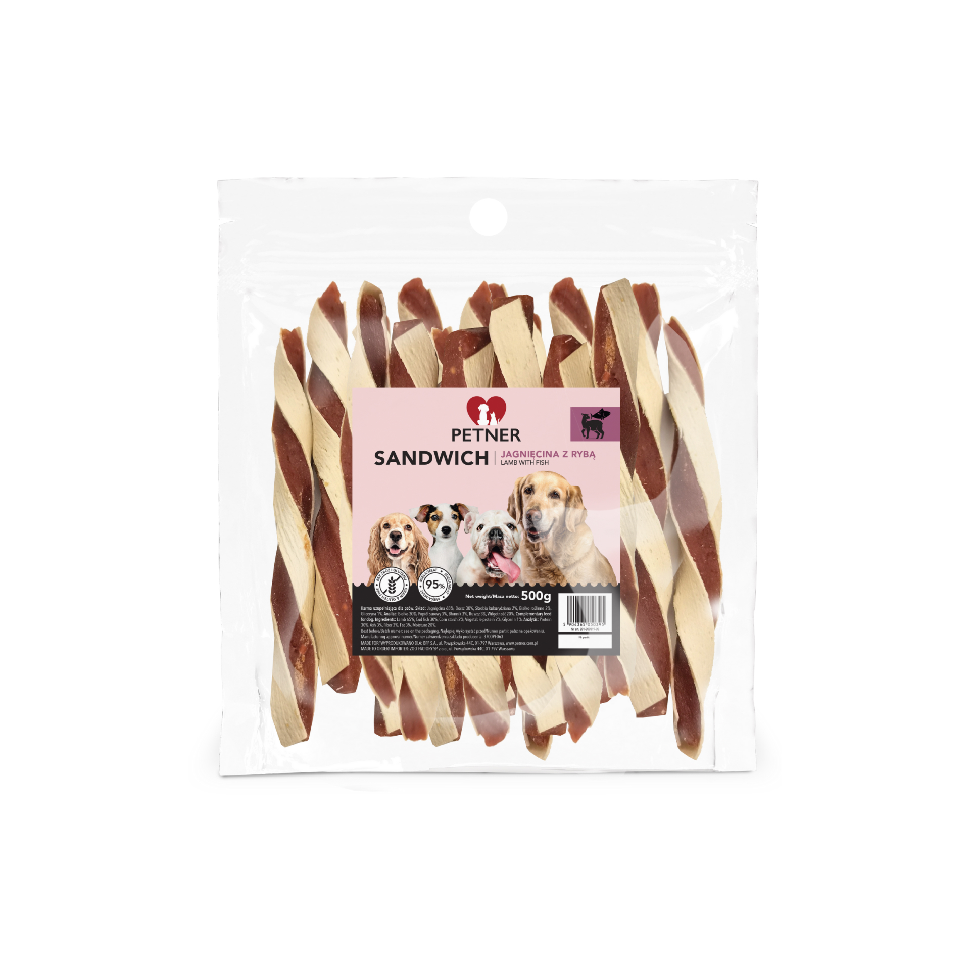 PETNER SANDWICH LAMB WITH FISH JAGNIĘCINA Z RYBĄ przysmak dla psa 500G 
