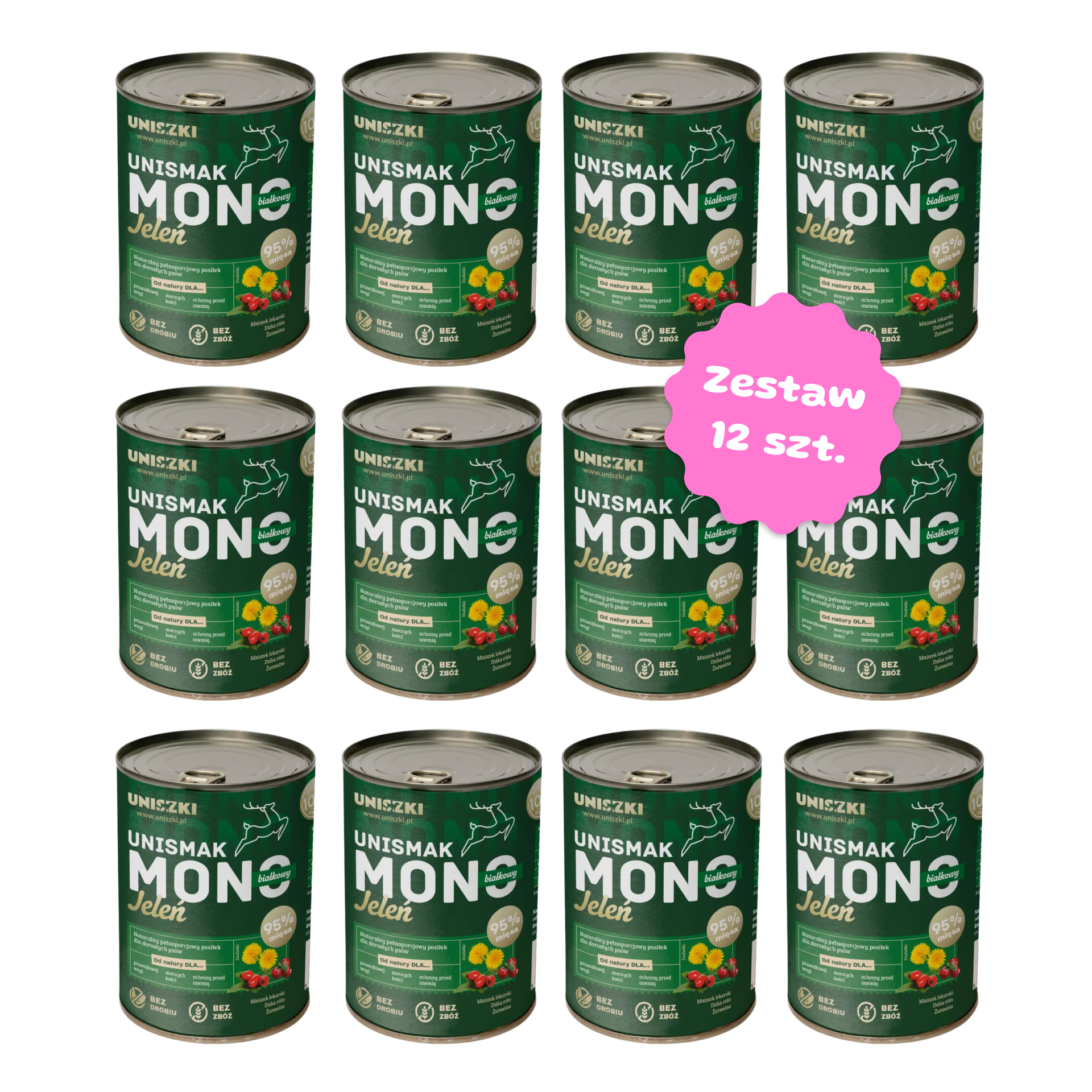 Zestaw 12 szt. puszek karmy mokrej monobiałkowej - Uniszki UNISMAK Mono Jeleń - 12 szt. puszka 400g