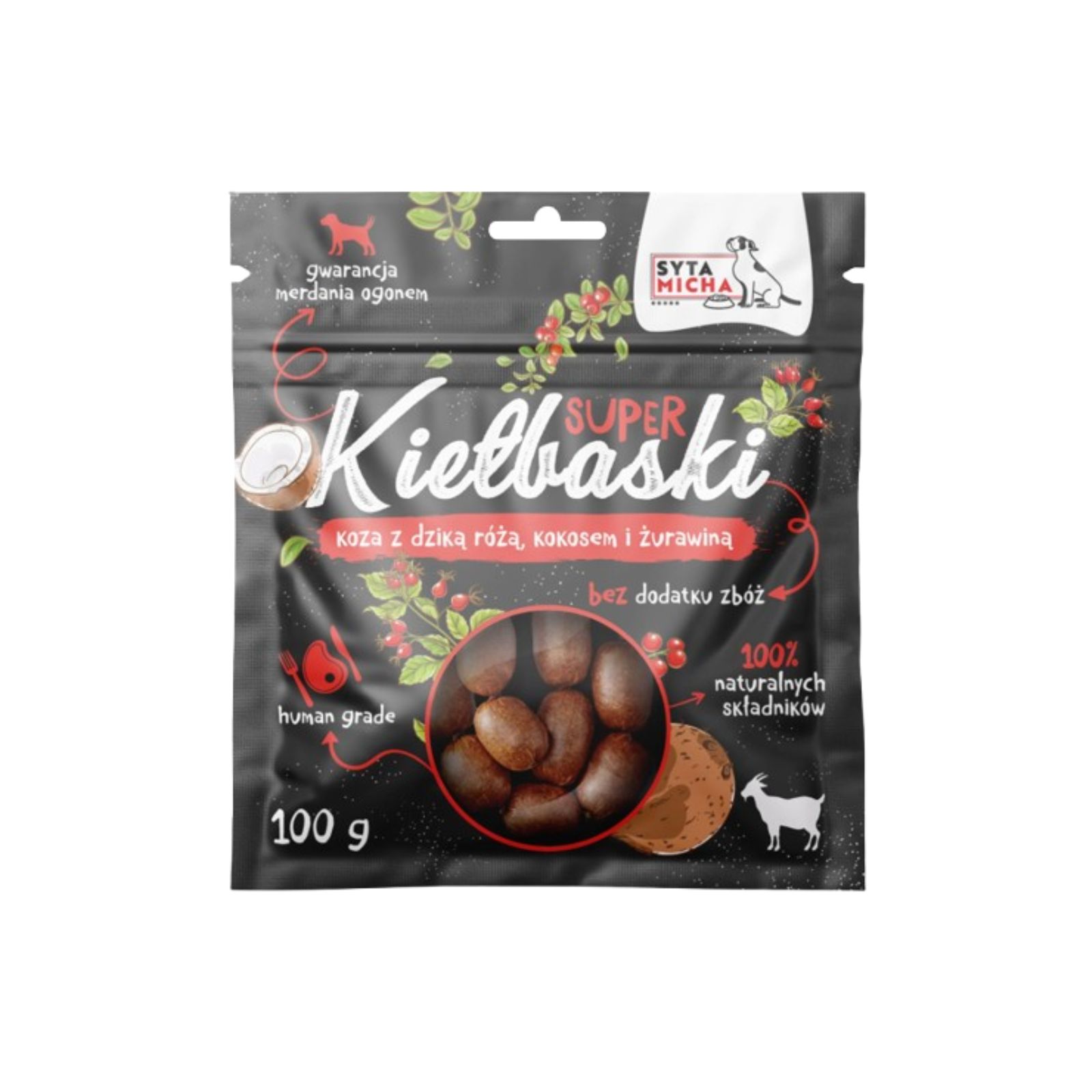 Syta Micha Super kiełbaski z kozą, dziką różą i kokosem suszony przysmak dla psa 100g