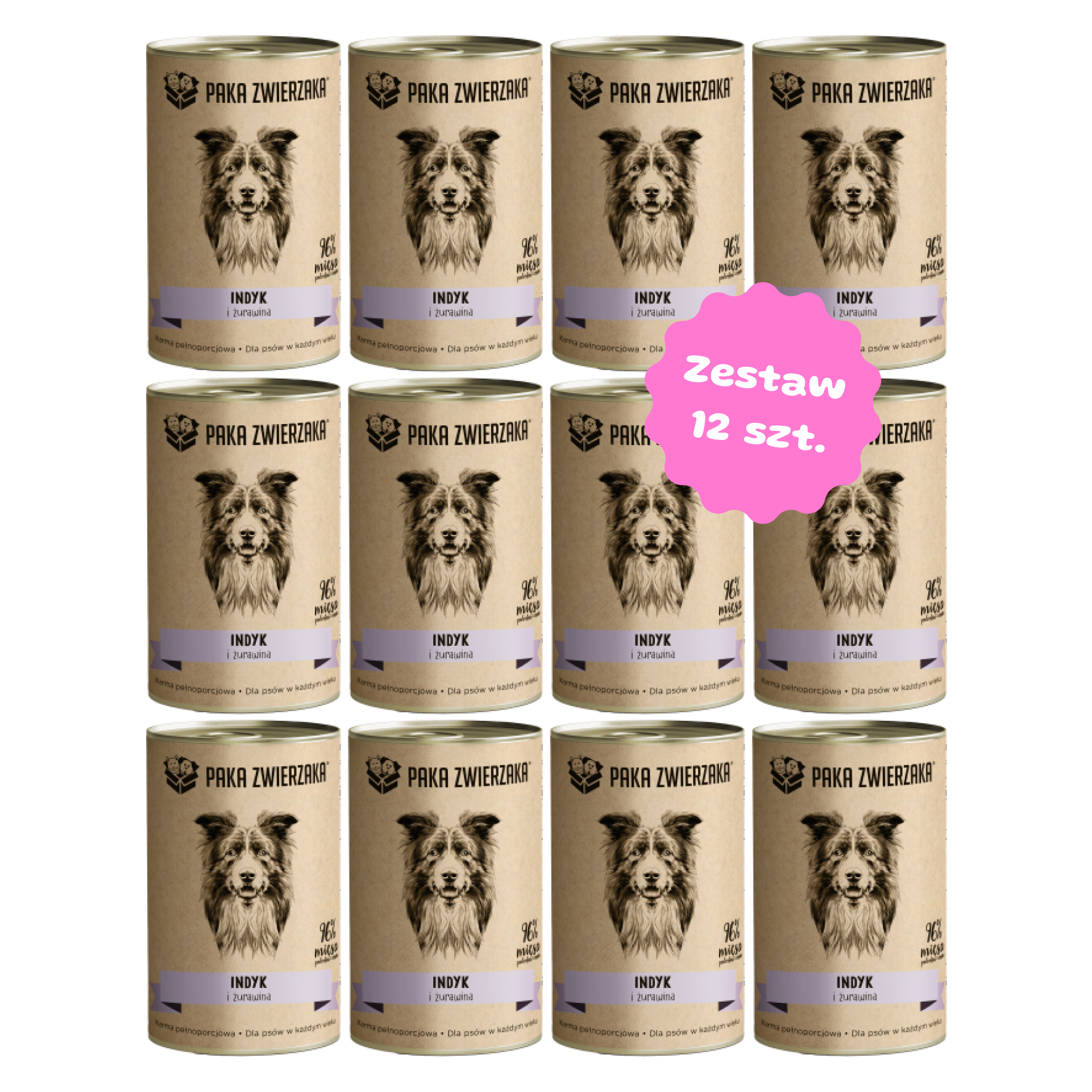 Zestaw 12 szt. puszek karmy mokrej - PAKA ZWIERZAKA Indyk z żurawiną - 12 szt. puszka 400g