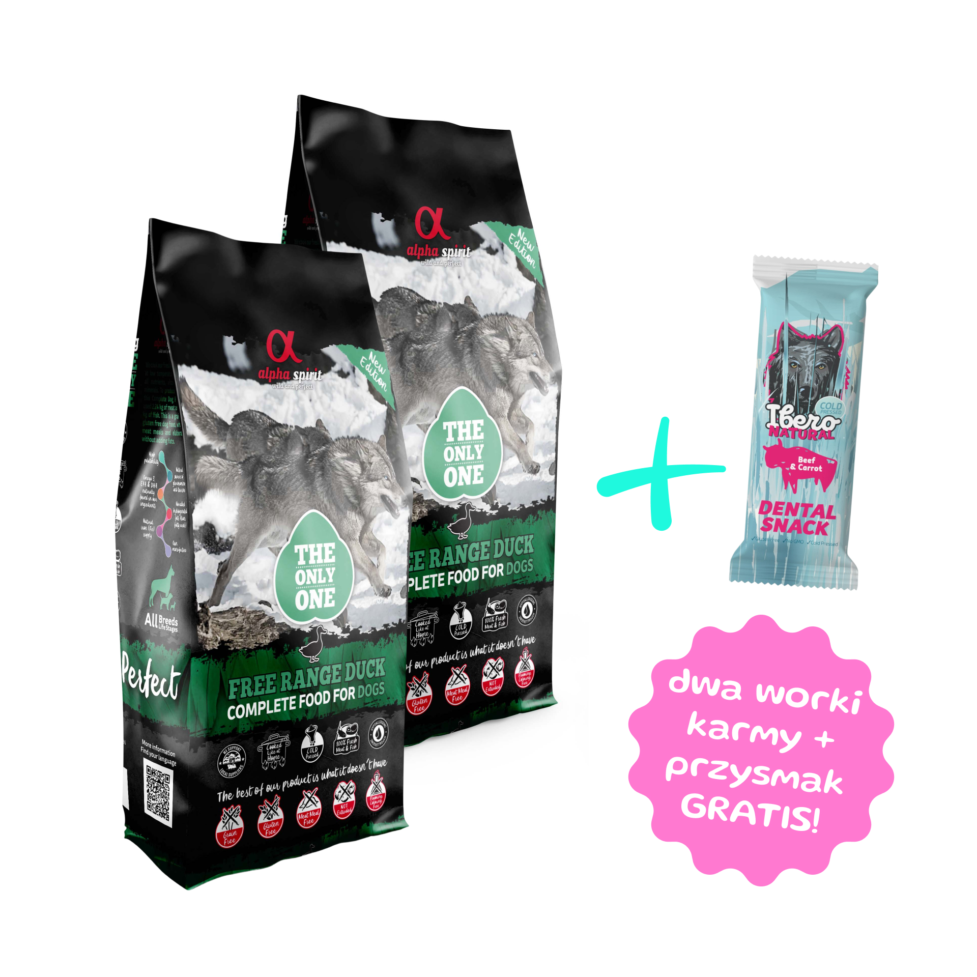 Zestaw 2 karm 12kg - Alpha Spirit The Only One kaczka bezzbożowa karma sucha - 2 szt worek 12kg + przysmak Ibero Dental 70g GRATIS!