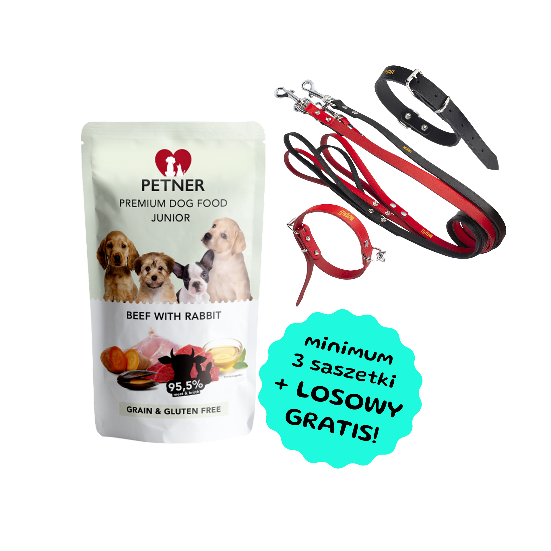Petner Premium Dog Food Junior dla młodych psów wołowina i królik karma mokra 500g - Smycz lub obroża GRATIS przy zakupie min. 3 saszetek Petner!