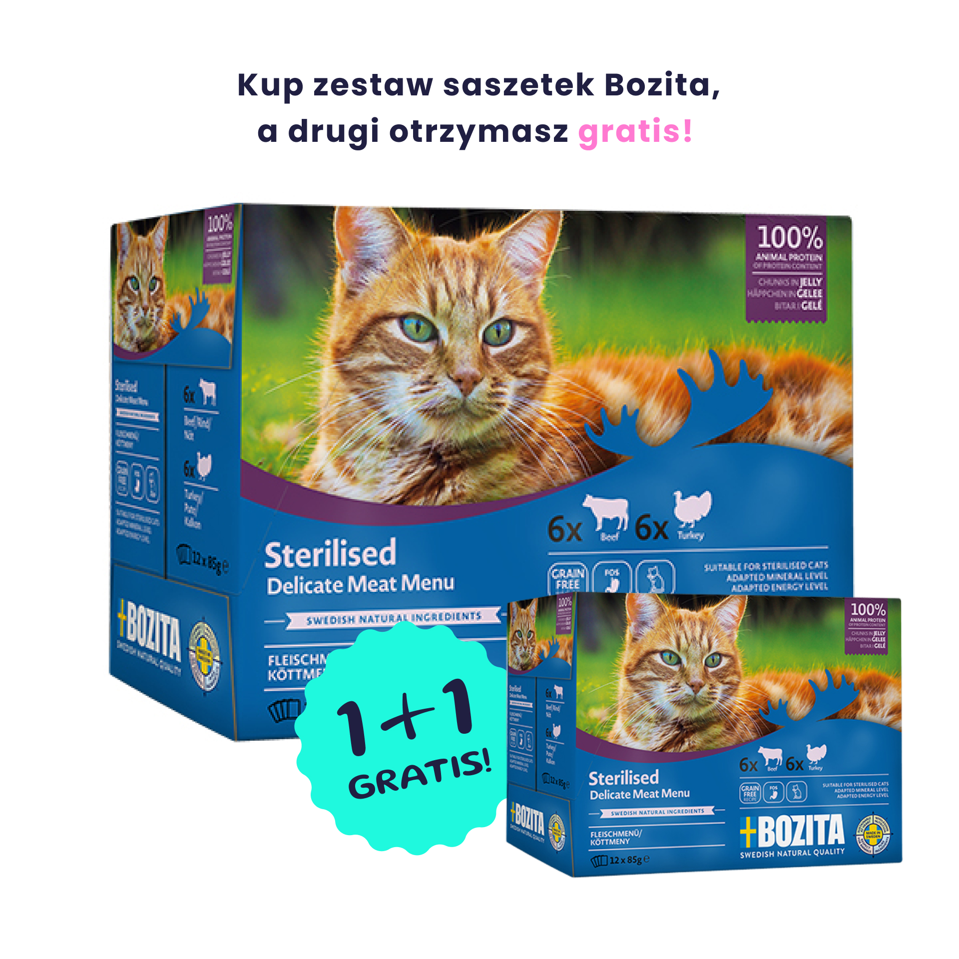 BOZITA Sterilised Zestaw 12 saszetek: mięsne kawałki w galaretce dla kotów po sterylizacji 12x85g saszetka + drugie opakowanie 12x85g GRATIS!