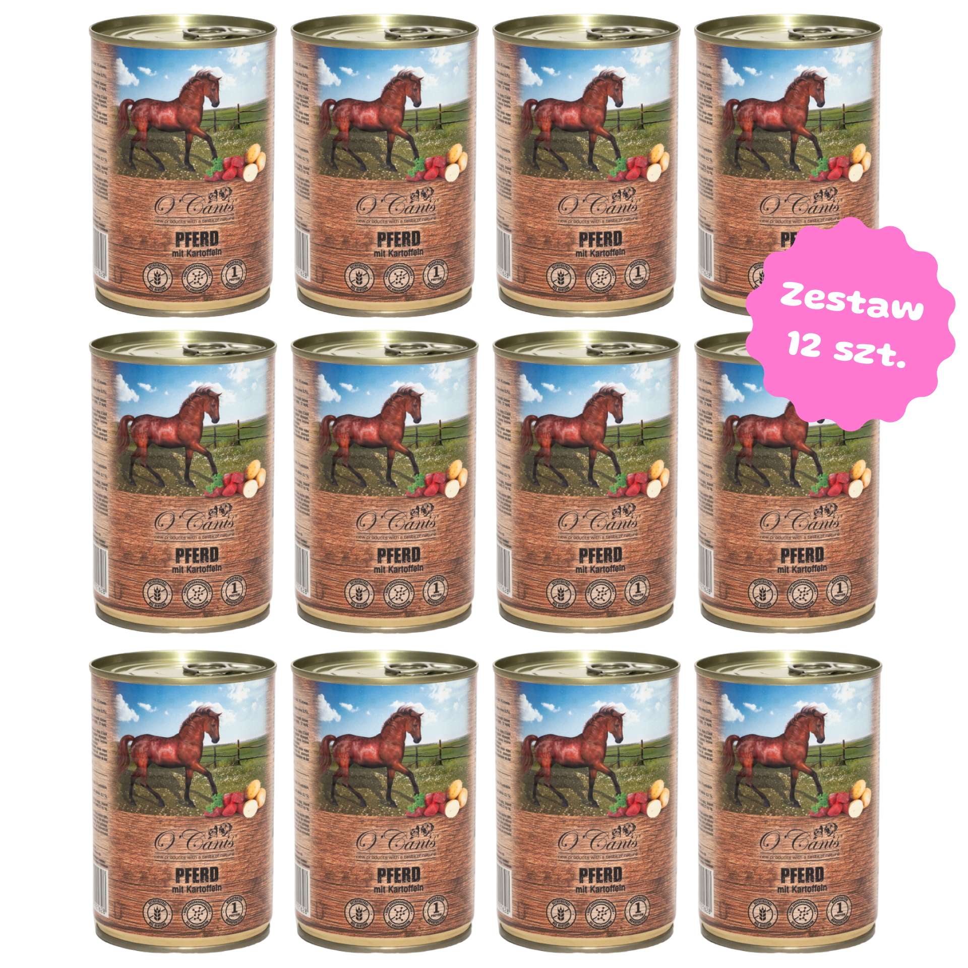 Zestaw 12 szt. puszek karmy mokrej monobiałkowej  - O'Canis konina z ziemniakami - 12 szt. puszka 400g
