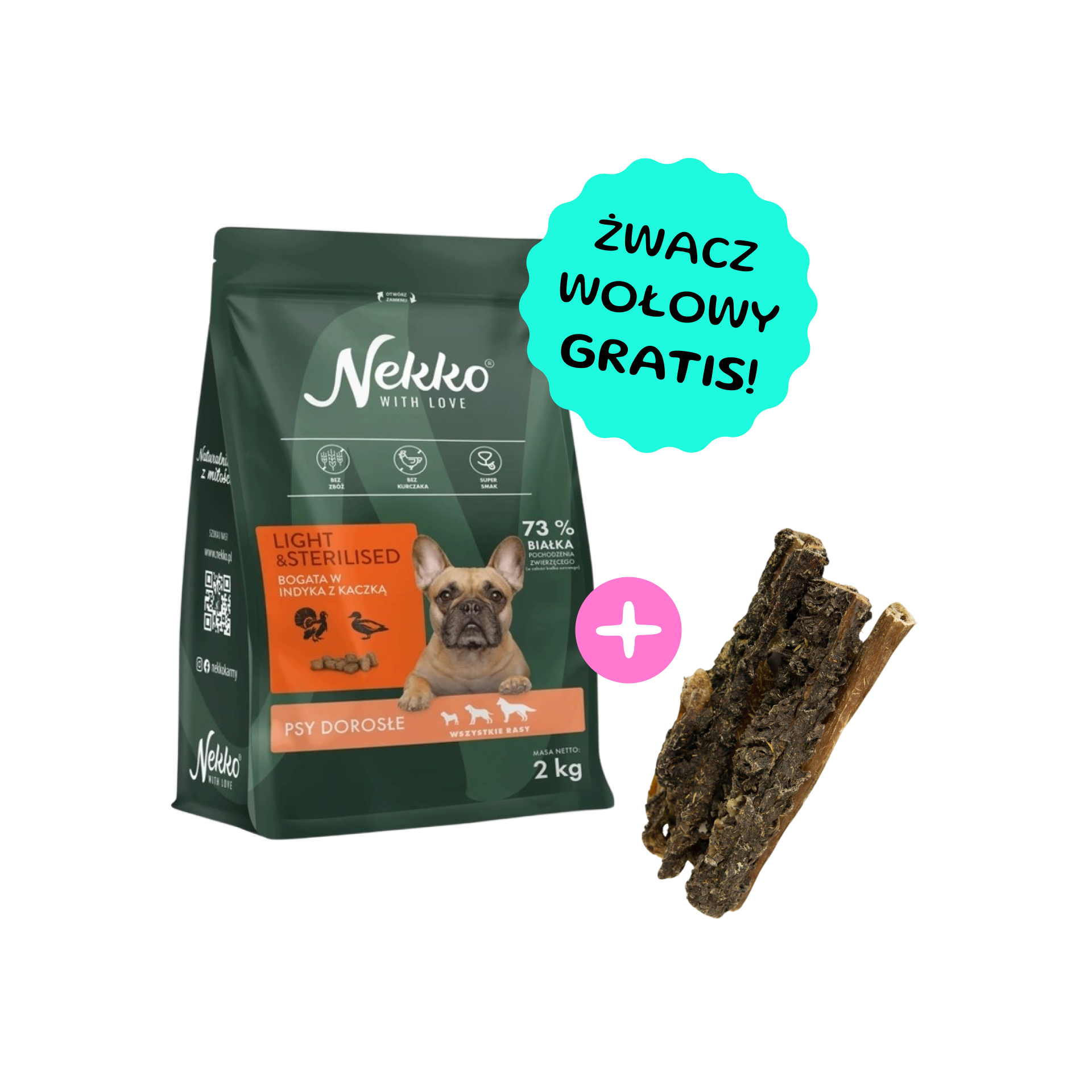 NEKKO Light&Sterilised Bezzbożowa karma sucha indyk z kaczką dla psów dorosłych wszystkich ras 2kg + żwacze wołowe GRATIS!