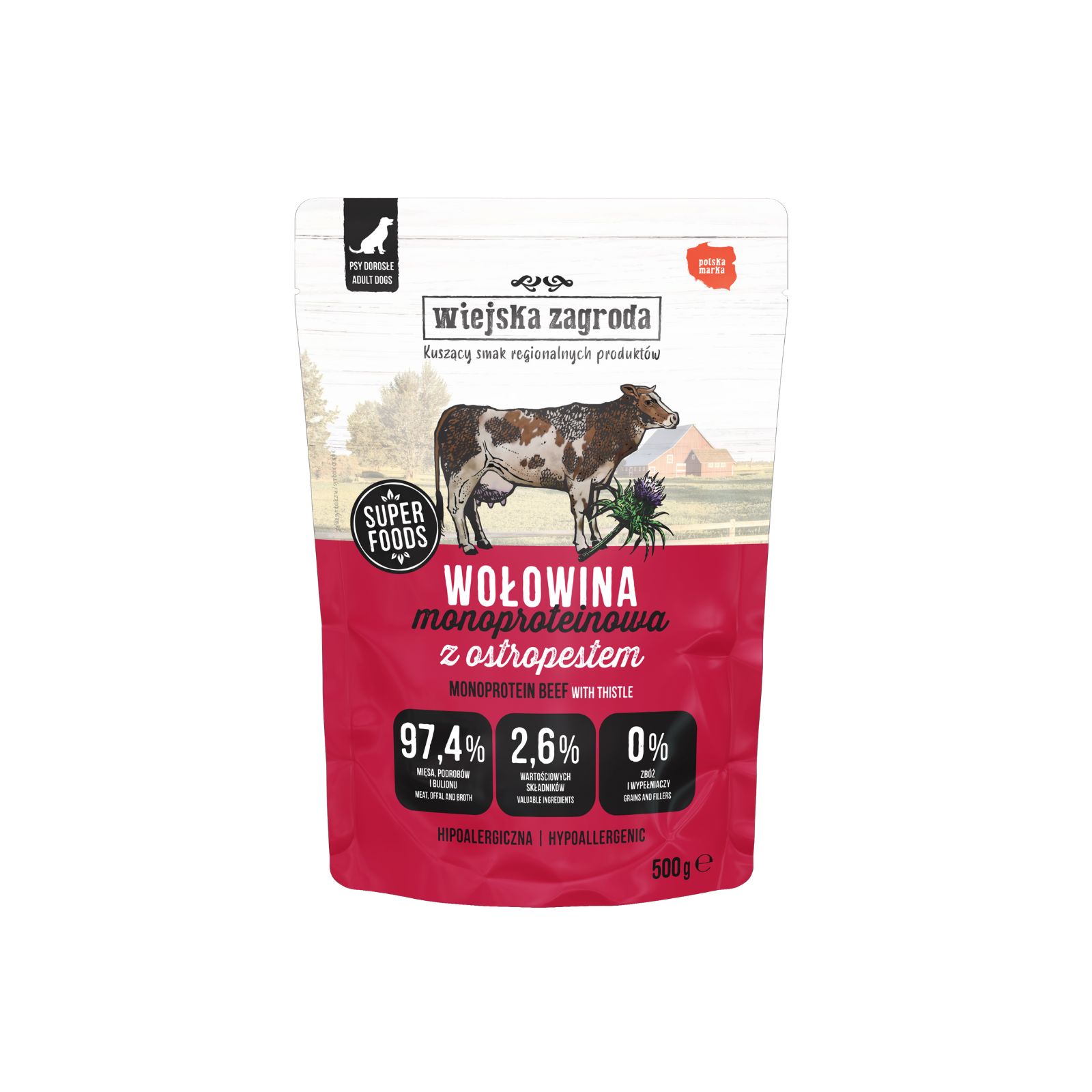 Wiejska Zagroda Karma Mokra Monobiałkowa wołowina z ostropestem dla psów dorosłych 500g 