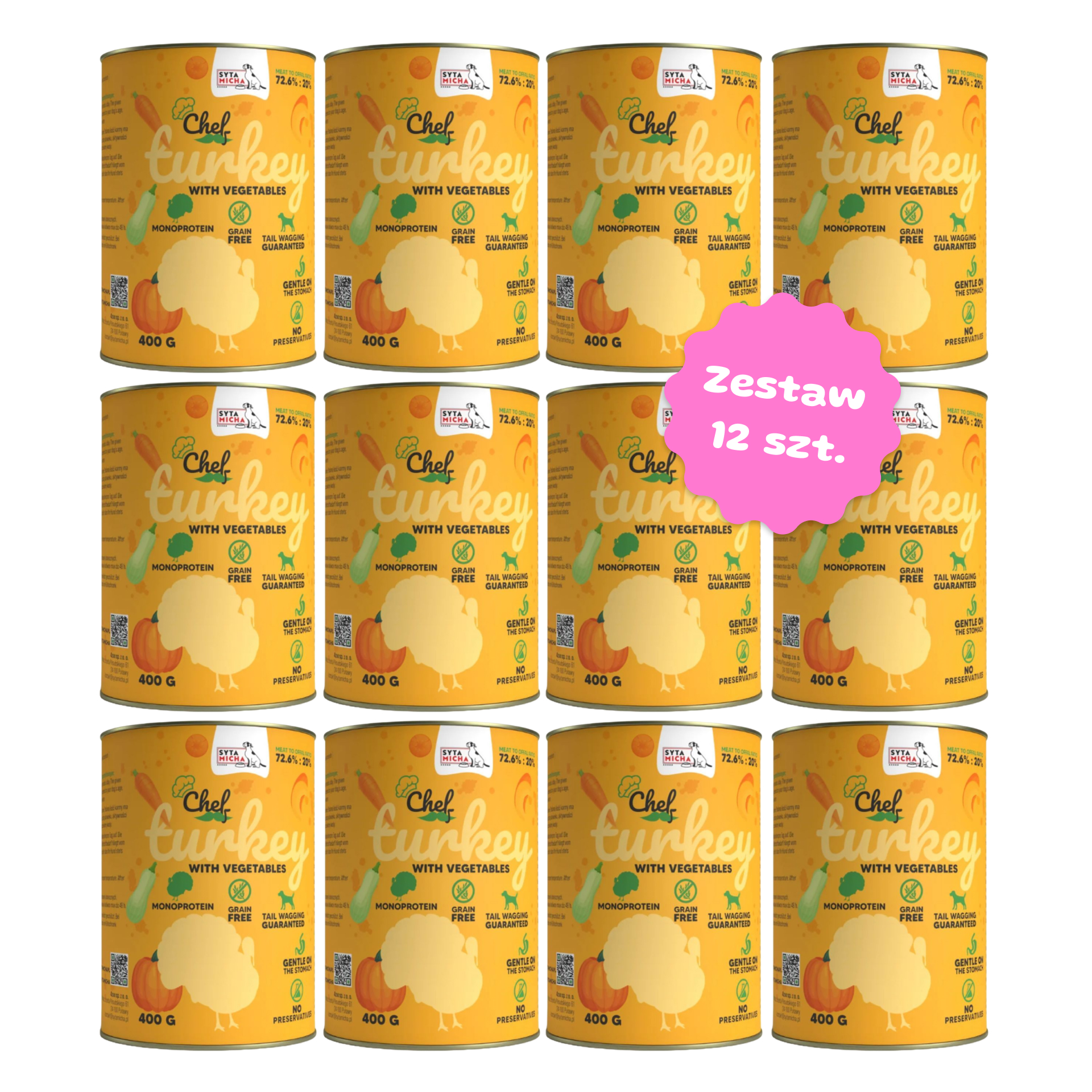 Zestaw 12 szt. puszek karmy mokrej monobiałkowej - Syta Micha CHEF Indyk - 12 szt. puszka 400g 